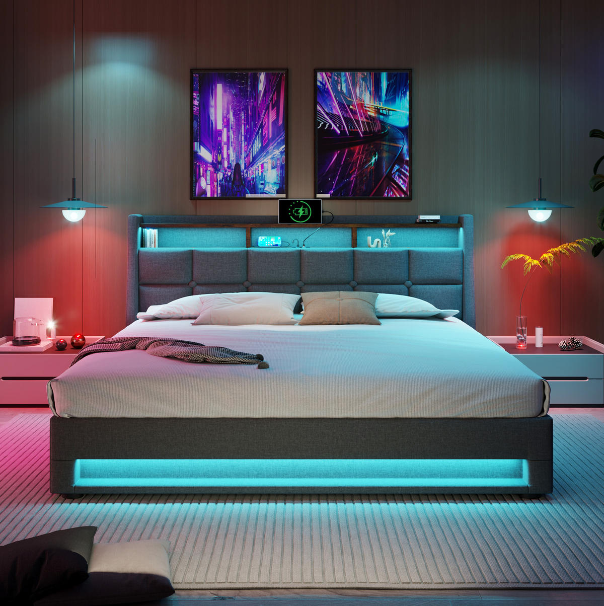 BETT mit USB und LED 140x200 cm Leinen Grau - Grau, Metall (140/200cm) - Meubliv