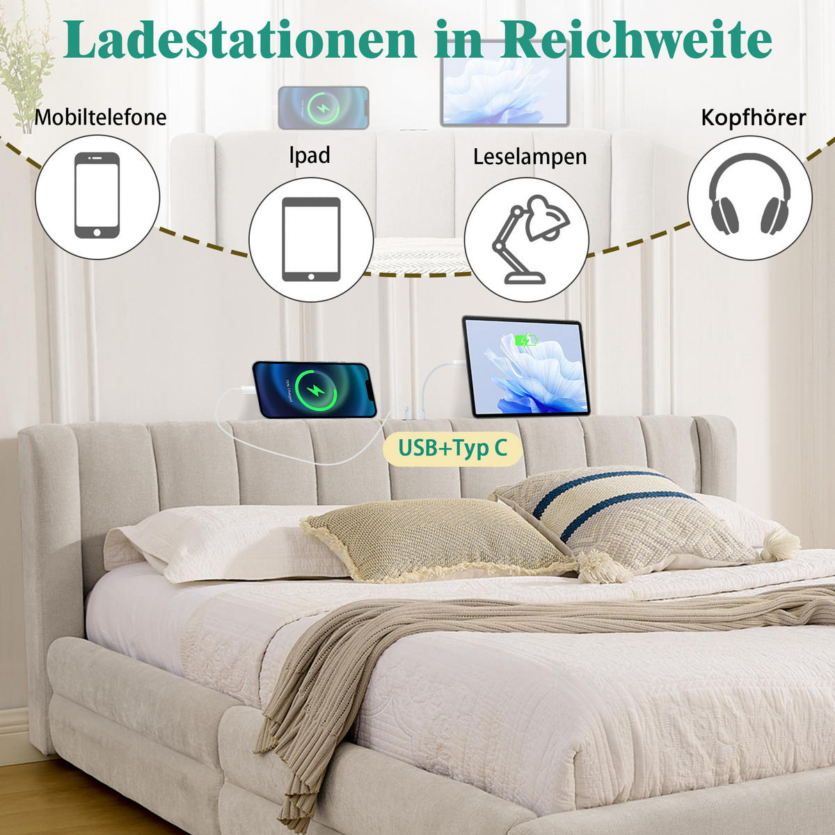 POLSTERBETT 160/200 cm in Beige Stoff mit 4 Schubladen, USB und Type-C - Beige, Holzwerkstoff/Textil (160/200cm) - WISHDOR