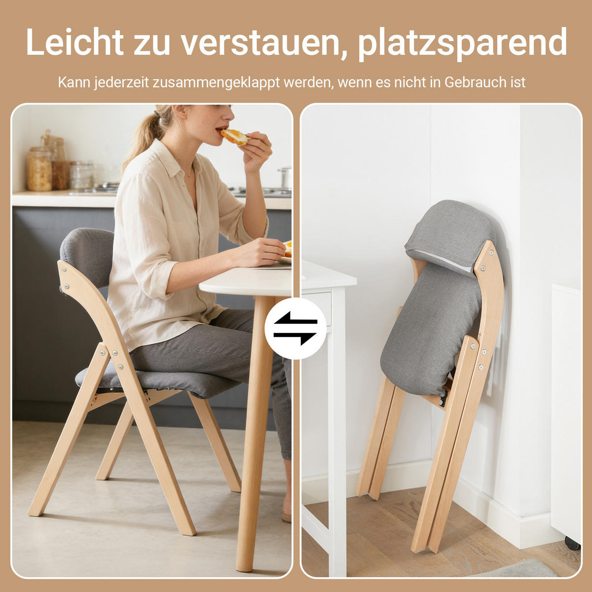KLAPPSTUHL Buche Gepolstert, 47.5x77x59cm, Grau - Grau, Holz (47/93/8cm) - SoBuy