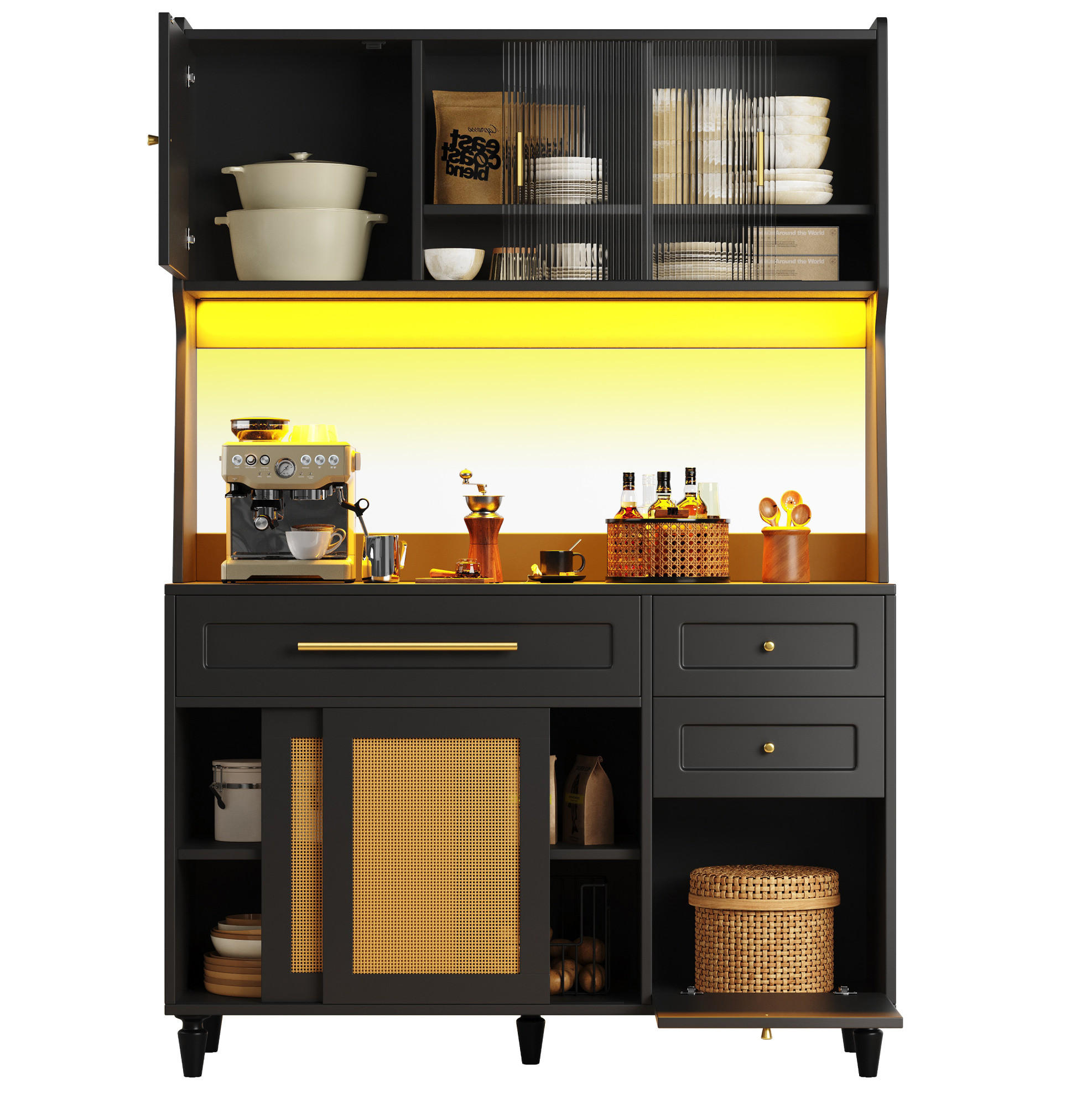 ANRICHTE Hochschrank 120/45/195,5 cm aus MDF und Holzwerkstoff mit LED-Beleuchtung Schwarz - Schwarz, Holzwerkstoff (120/195.5/45cm) - Modenvie