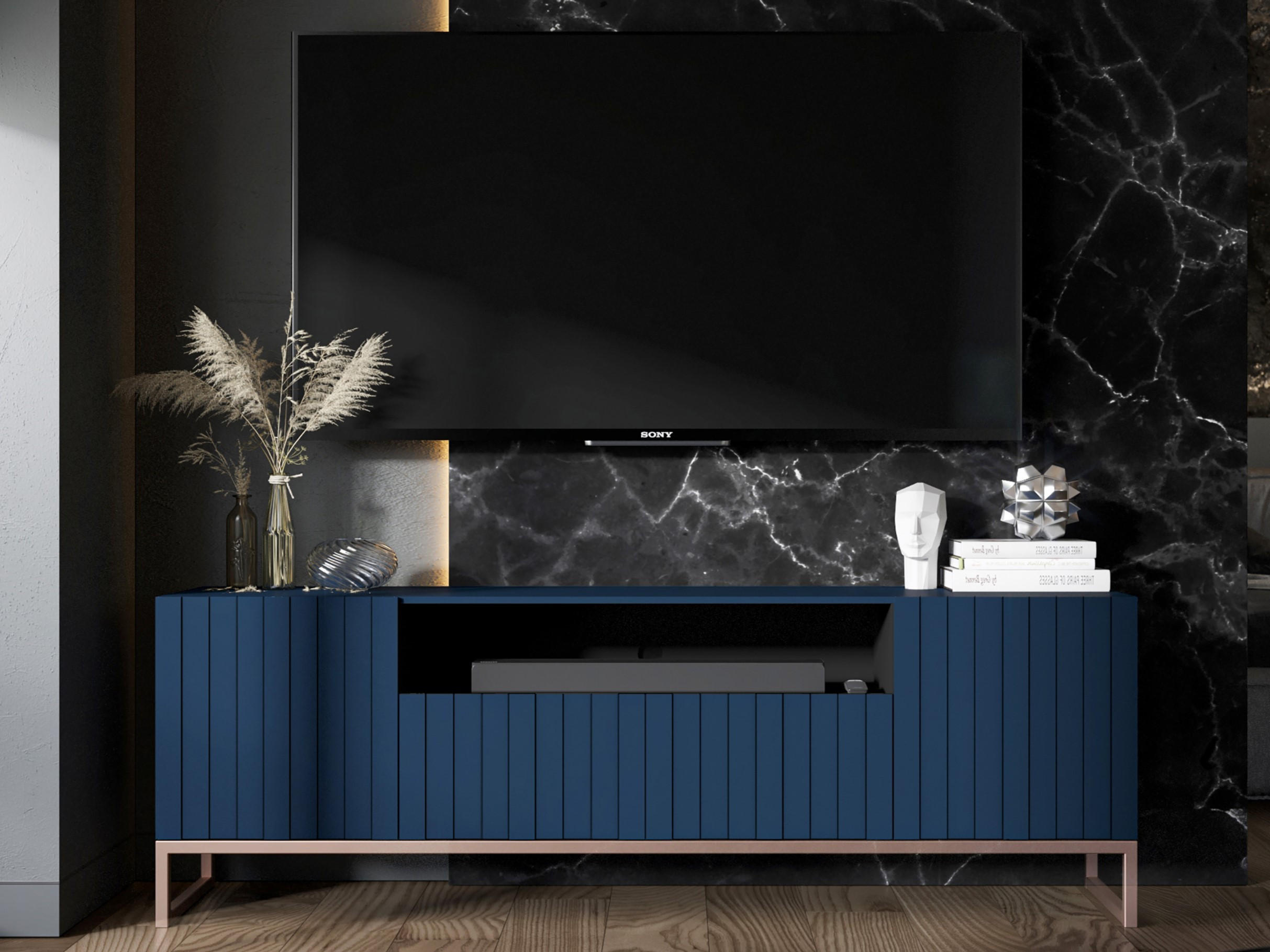 TV-SCHRANK Elpis2 Marineblau Matt mit Metallrahmen 150 cm - Blau/Kupferfarben, Holzwerkstoff/Metall (150/51.5/36.5cm) - Meble Lindner