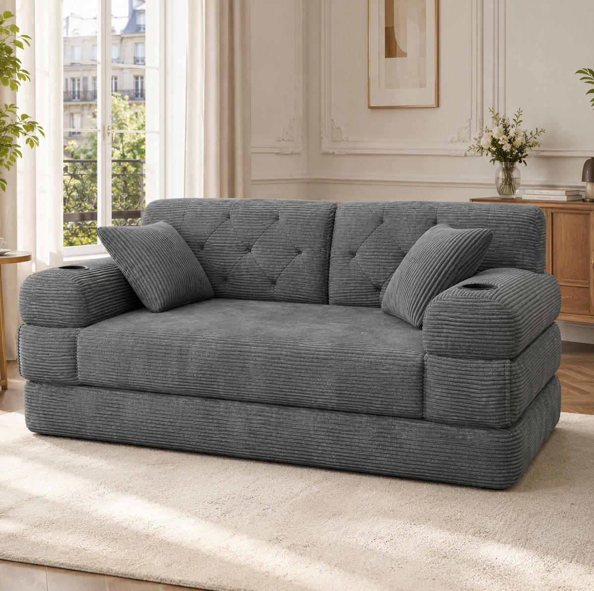 SCHLAFSOFA 2-Sitzer mit Schlaffunktion 168 x 80 cm Cord Dunkelgrau - Dunkelgrau, Kunststoff (80/81/168cm) - Meubliv