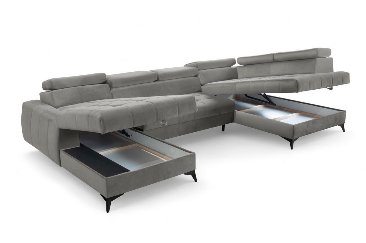 WOHNLANDSCHAFT Arkucio U Grau 345/200/95 cm – großes Sofa mit Schlaffunktion L - Schwarz/Grau, Textil/Metall (200/95/345cm) - AX Living