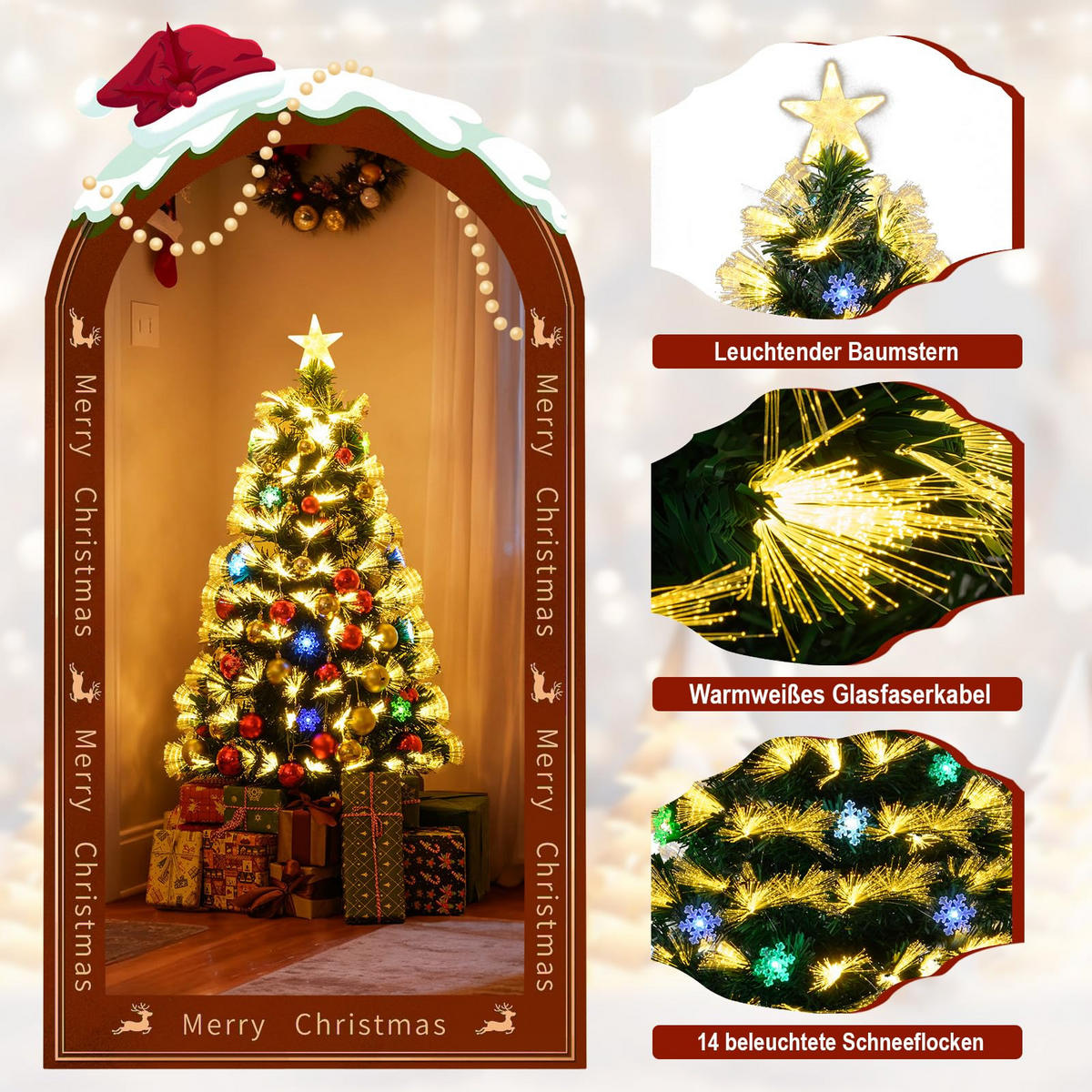 WEIHNACHTSBAUM Tannenform mit 8 Lichtmodi 120 cm warmweiße Glasfaser - Grün, Metall (120cm) - COSTWAY