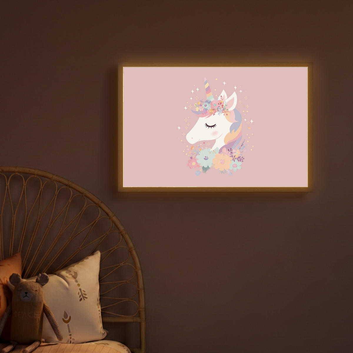 DOBÍJECÍ NOČNÍ LAMPIČKA Jednorožec - růžová - květiny 60x40 cm - růžová, kompozitní dřevo (8/60/40cm) - OnlyWow