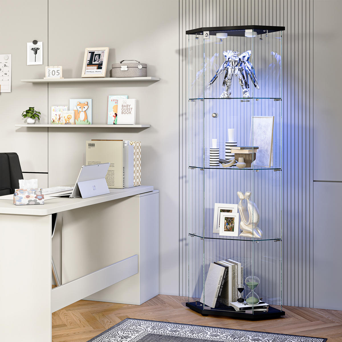 ECKSCHRANK 5-Eck, 1 Tür, 4 Ebenen, LED, schwarzer Sockel - Schwarz, Glas (42.5/162/60cm) - SHOPENTRA
