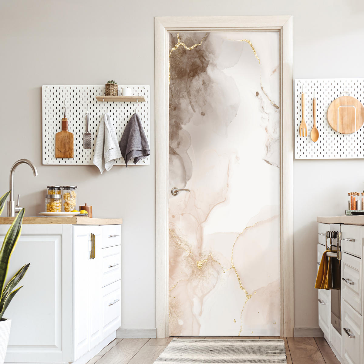 TÜRAUFKLEBER Selbstklebend - Marmor - Braun - Linie 95x235 cm - Türtapete - Champagner, Kunststoff (95/0.1cm) - MuchoWow