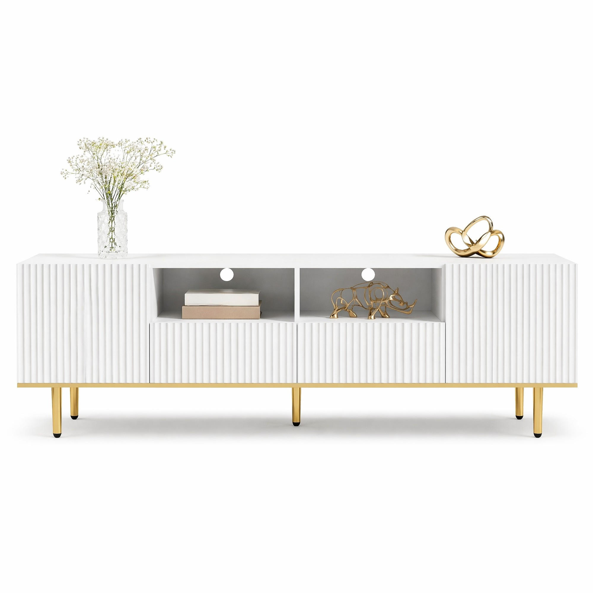 LOWBOARD in Weiß TV-Schrank mit Schubladen und goldenen Füßen für Wohnzimmer, B165/T36/H55 cm - Goldfarben/Weiß, Holzwerkstoff/Metall (165/55/36cm) - STILVORA