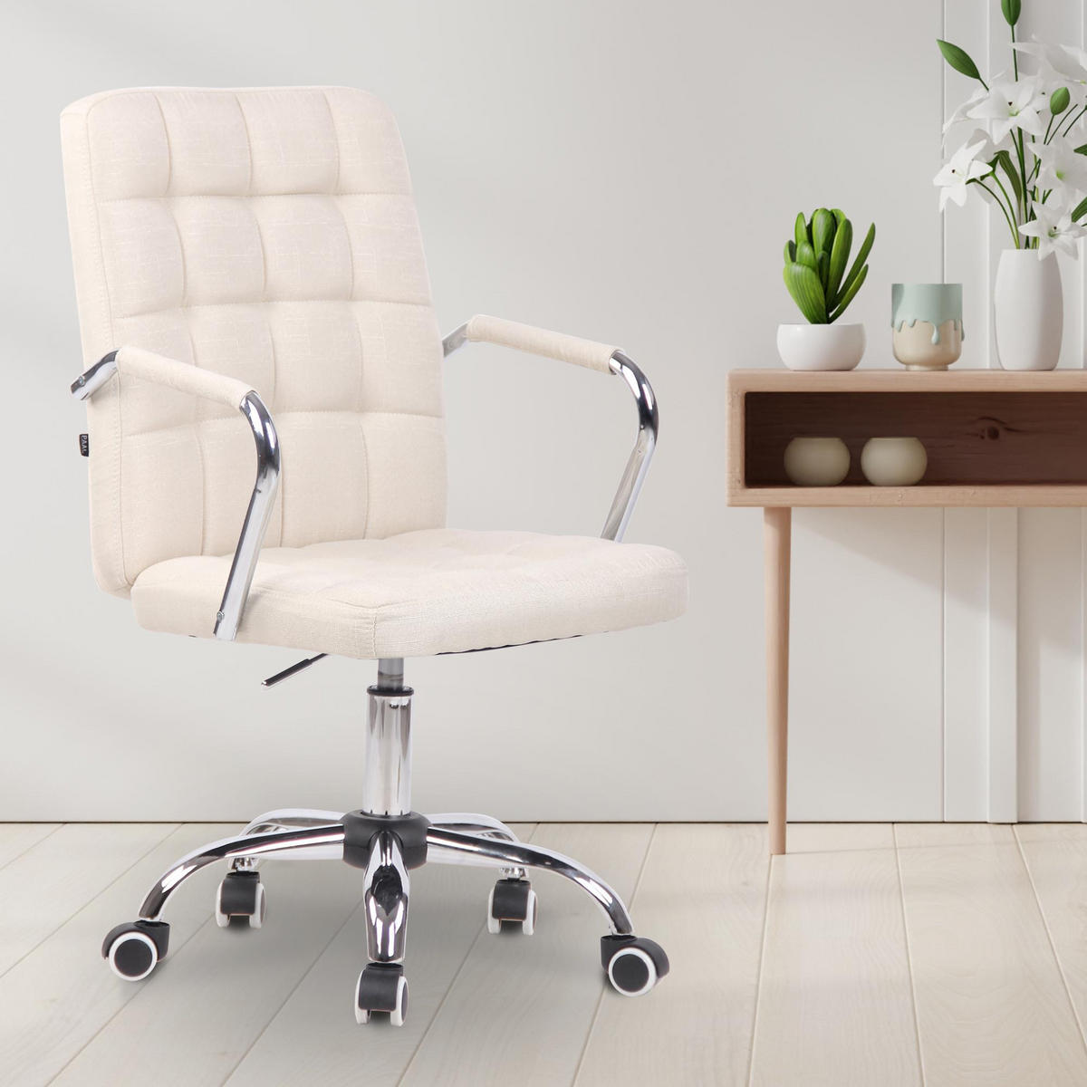 DREHSTUHL Stoff creme - Chromfarben/Creme, Textil/Metall (56/93/60cm) - CLP