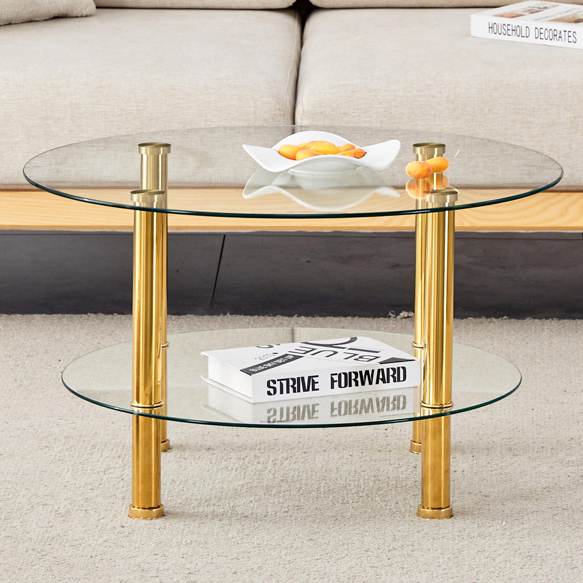 COUCHTISCH 70/70/42 cm Gold Transparent zweistufig mit Ablage aus Glas und Metall - Goldfarben, Glas (70/70/42cm) - OKWISH