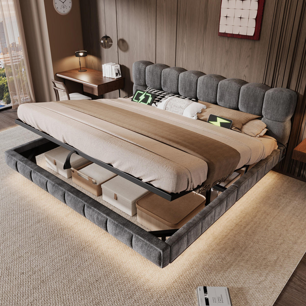 POLSTERBETT aus Chenille 160x200 cm Grau mit Bettkasten, LED-Beleuchtung und USB-/Typ-C-Anschlüssen - Grau, Textil (160/200cm) - Modfu