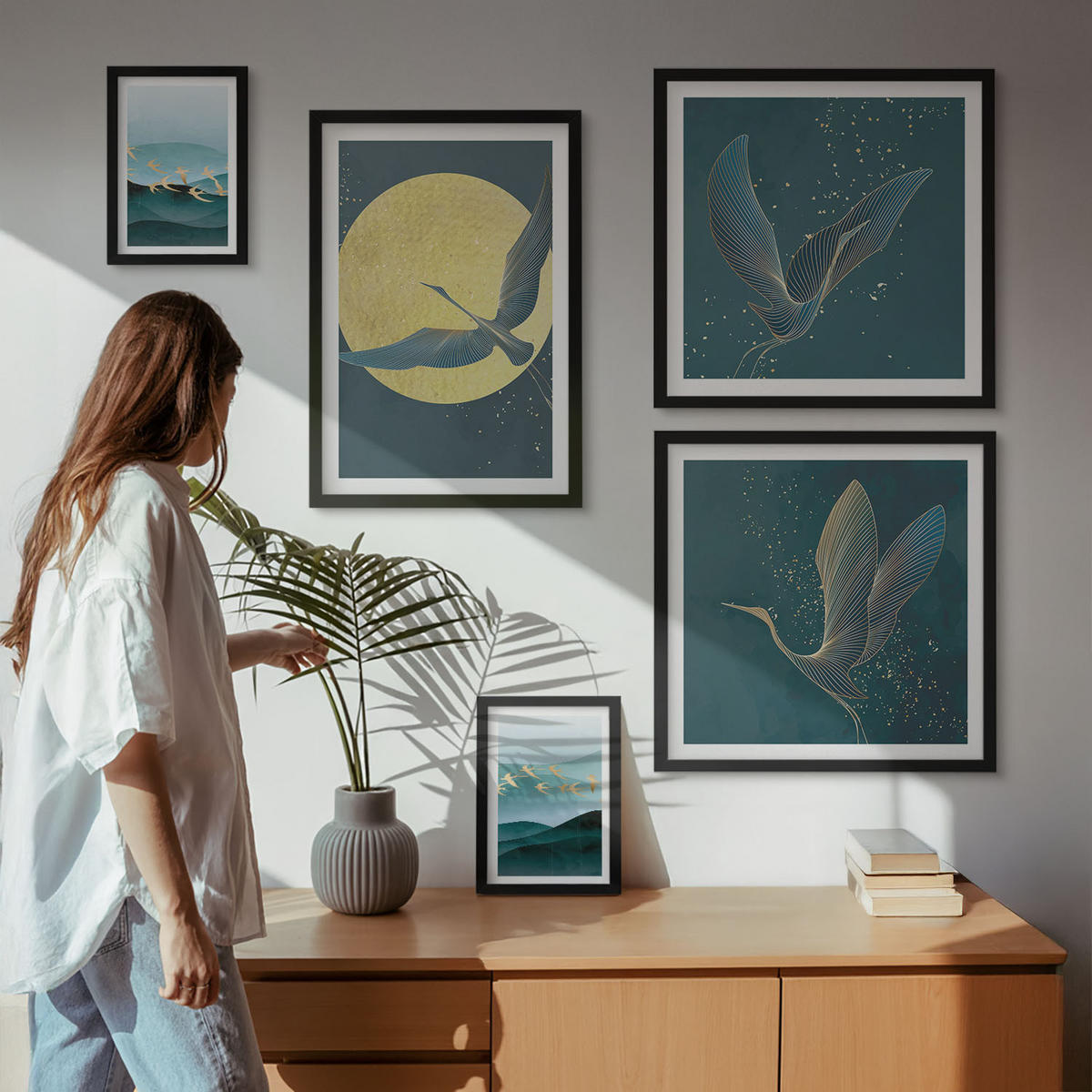 WANDBILDER 5er-Set - 50x50 cm & 20x30 cm & 40x60 cm Schwarzer Rahmen - Abstrakte Landschaften von Vogelwellen - Schwarz, Kunststoff (40/60cm) - ArtPrintCave