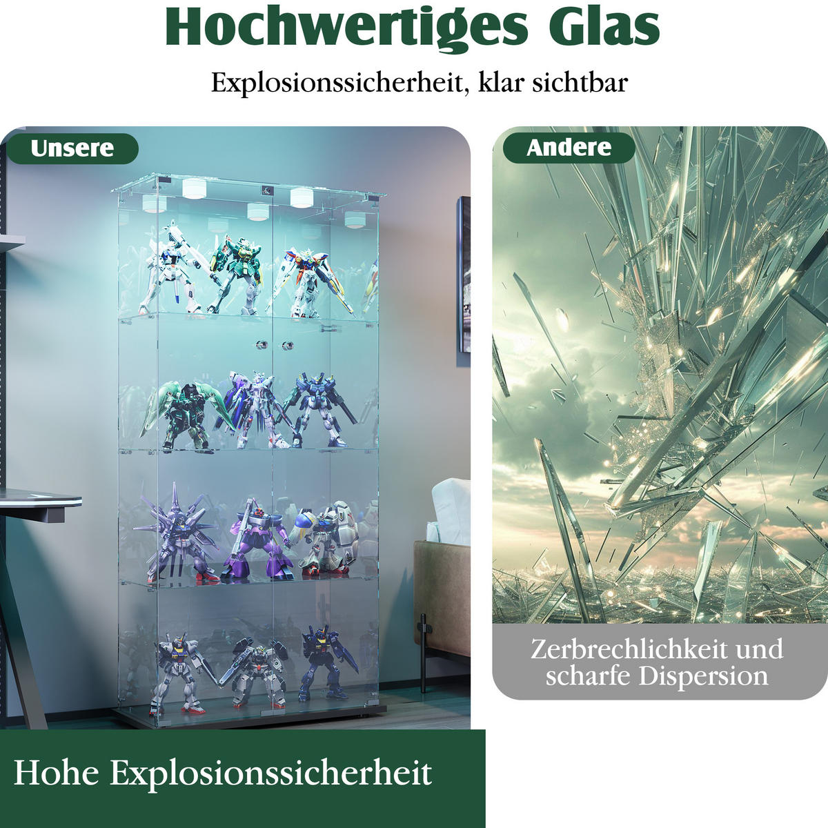 GLASVITRINE, 4 Glasböden, Doppeltür mit Schloss, Touch-LED, Schwarz - Schwarz, Glas (78.5/163/35cm) - BRILVERDE