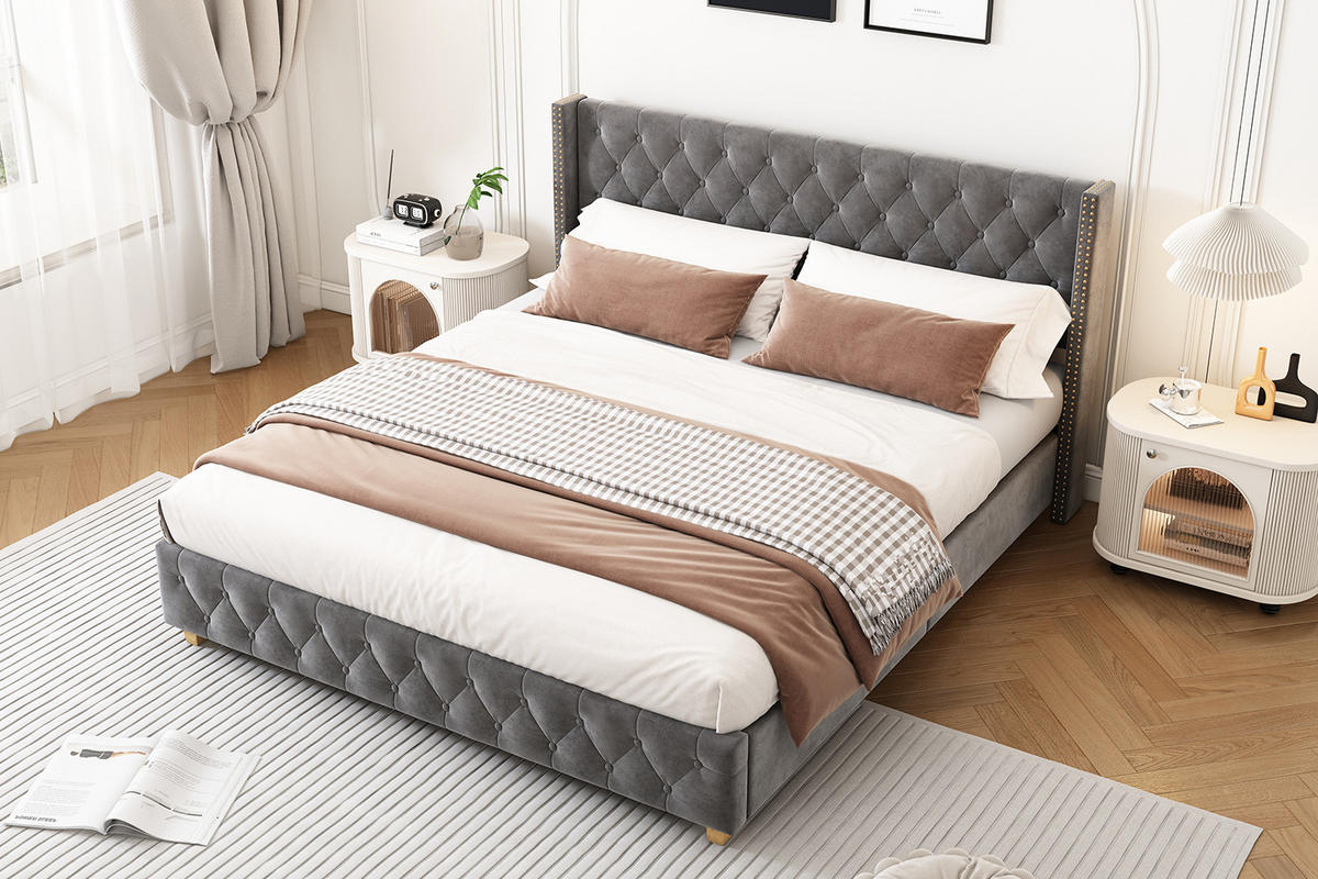 POLSTERBETT 90/200 cm aus Leinen mit Stauraum Ladestation und Becherhalter Grau - Grau, Textil (90/200cm) - Modenvie