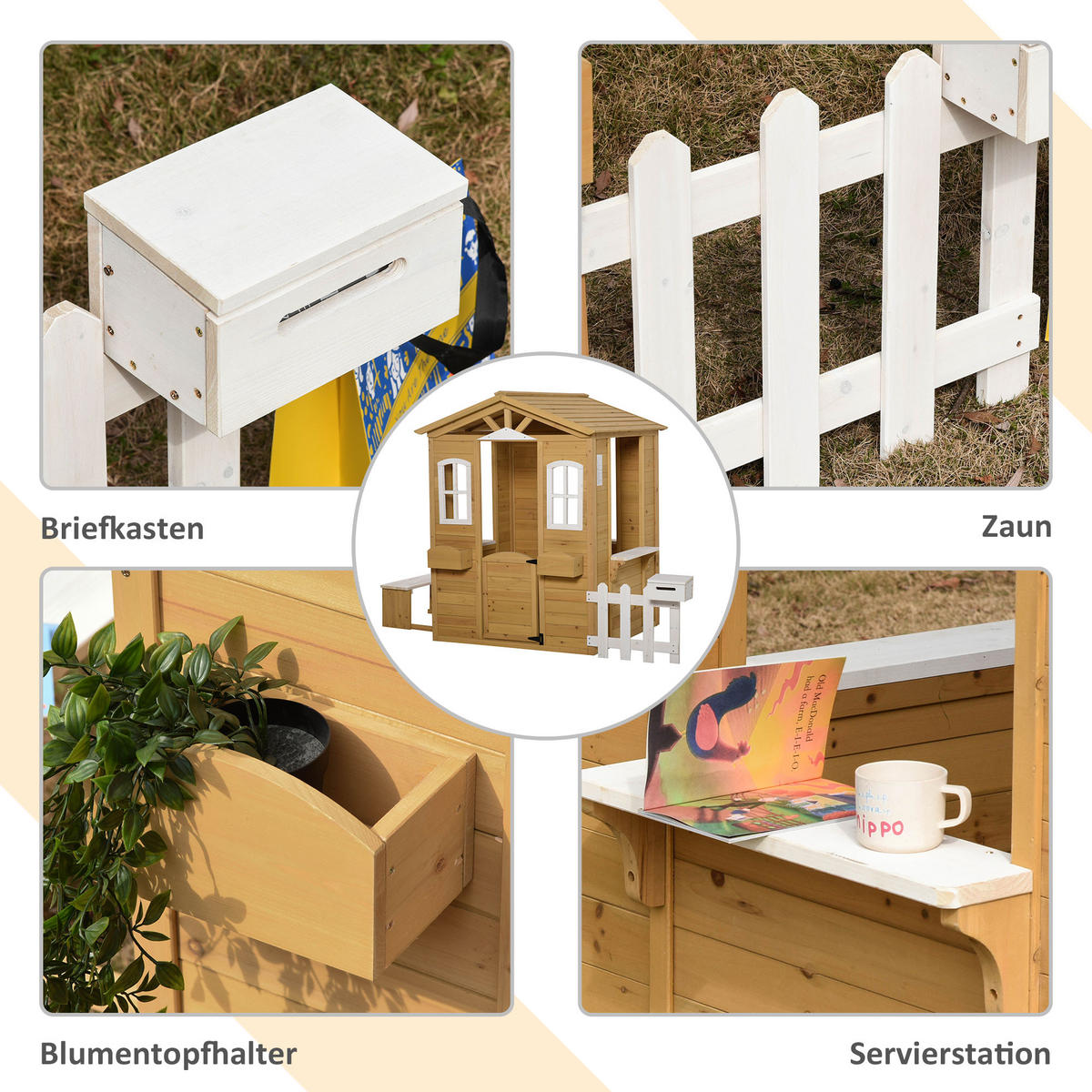 KINDERSPIELHAUS mit Fenster, Briefkasten, Outdoor, Tannenholz, Natur+Weiß - Naturfarben, Holz (107/140/204cm) - Outsunny