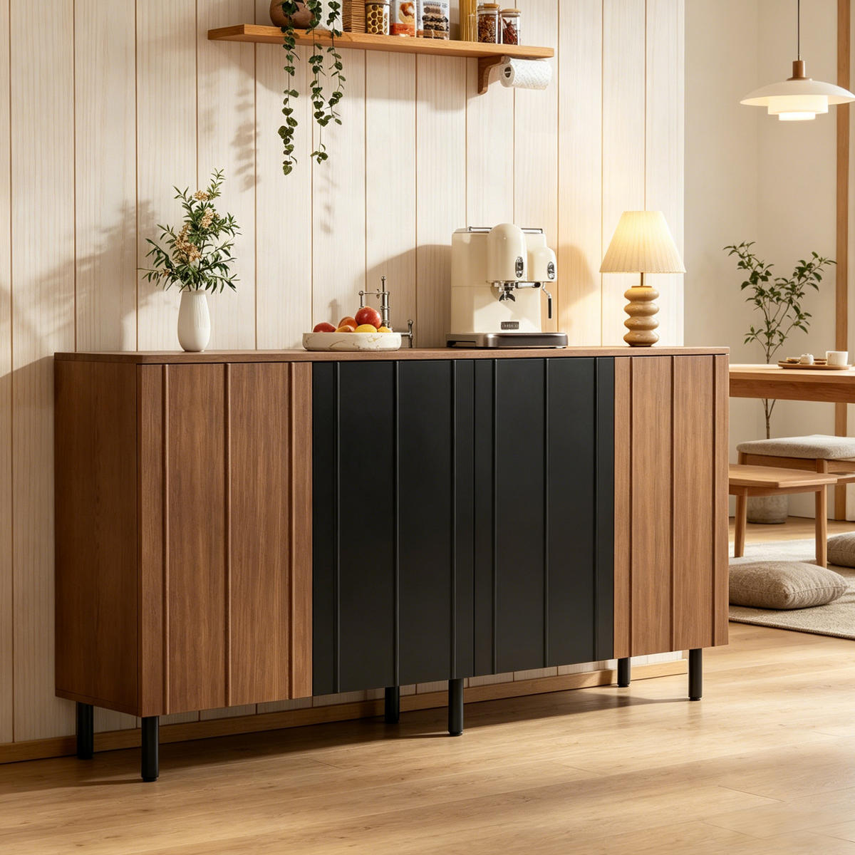 SIDEBOARD 160/35/80 cm walnussfarben/schwarz aus Spanplatte mit 4 Türen - Walnussfarben, Holzwerkstoff (160/80/35cm) - OKWISH