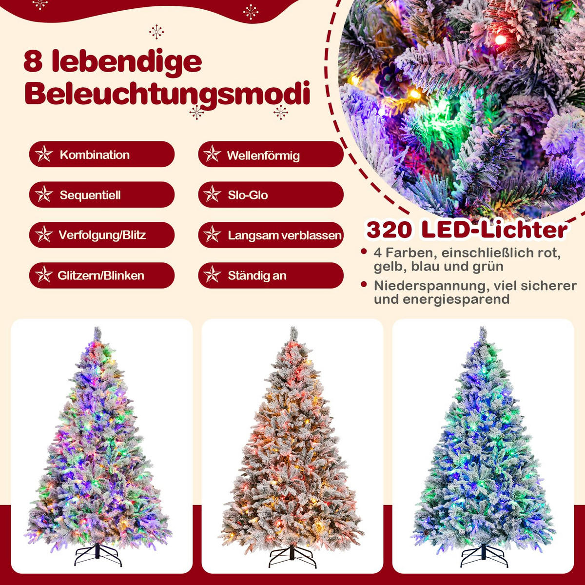 WEIHNACHTSBAUM mit Beleuchtung Schnee und Zapfen 210 cm weiß - Weiß, Metall (210cm) - COSTWAY