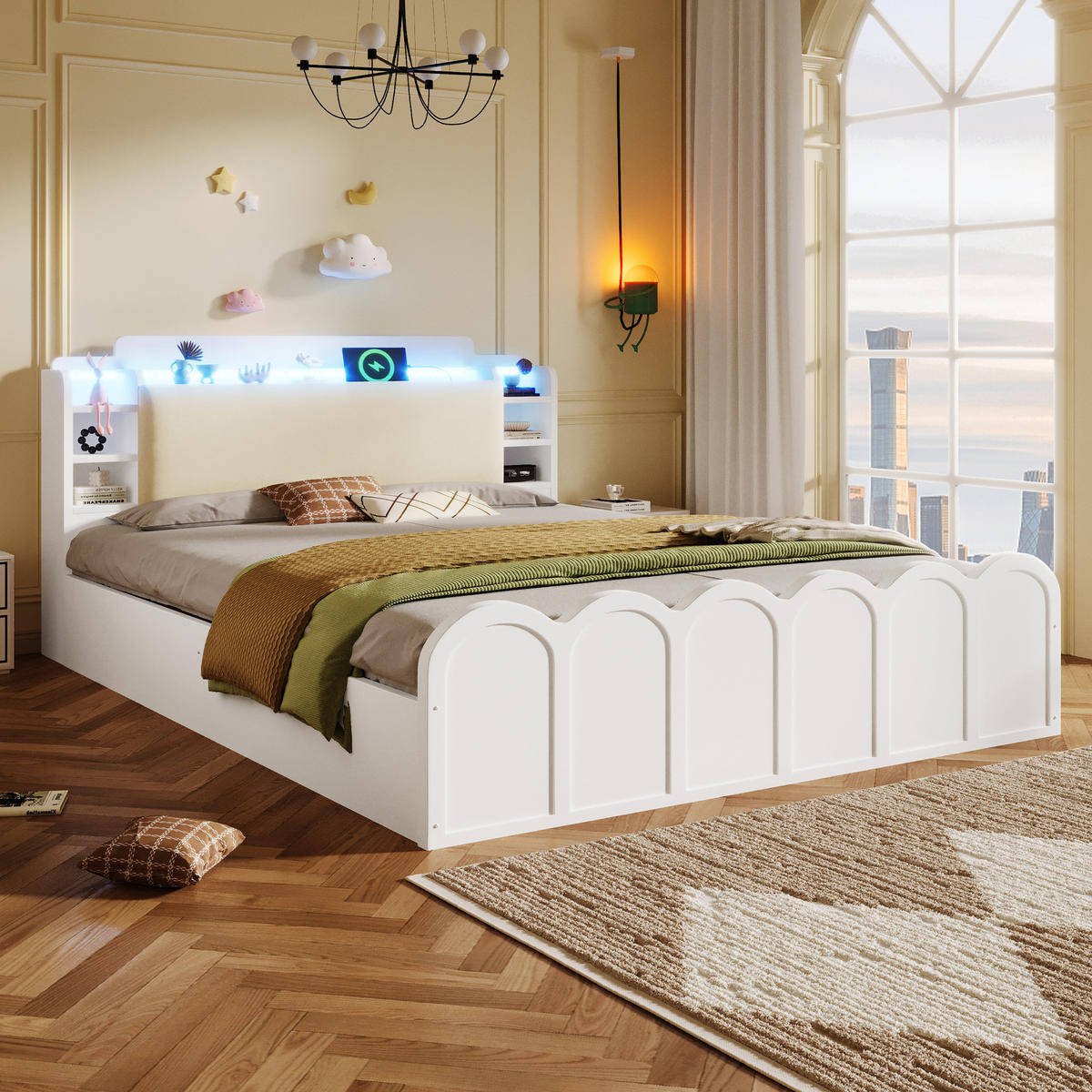 JUGENDBETT 140/200 mit Bettkasten, LED und USB-C in Weiß - Weiß, Holzwerkstoff/Textil (140/200cm) - EVRYAE