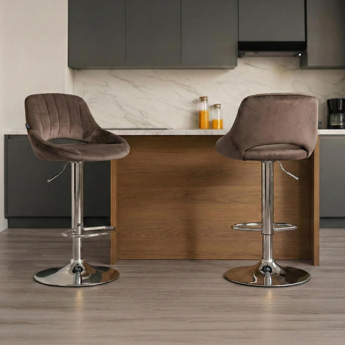 BARHOCKER Samt Braun - Chromfarben/Braun, Textil/Metall (47/85/48cm) - CLP