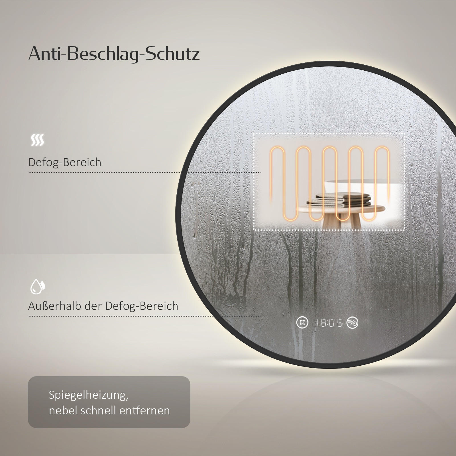 BADSPIEGEL Rund mit Beleuchtung Schwarz ф80 cm - Schwarz, Glas (80/3.1/80cm) - EMKE