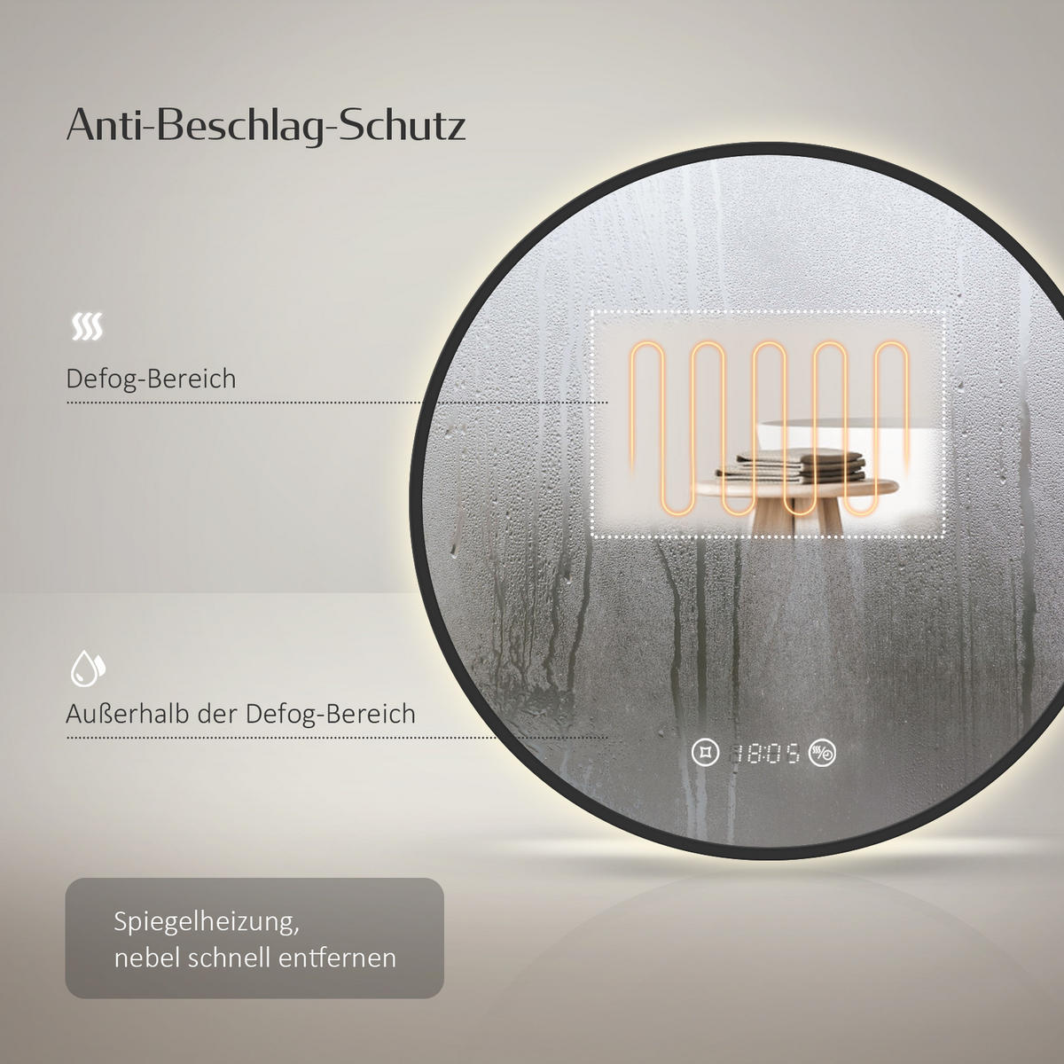 BADSPIEGEL Rund mit Beleuchtung Schwarz ф80 cm - Schwarz, Glas (80/3.1/80cm) - EMKE