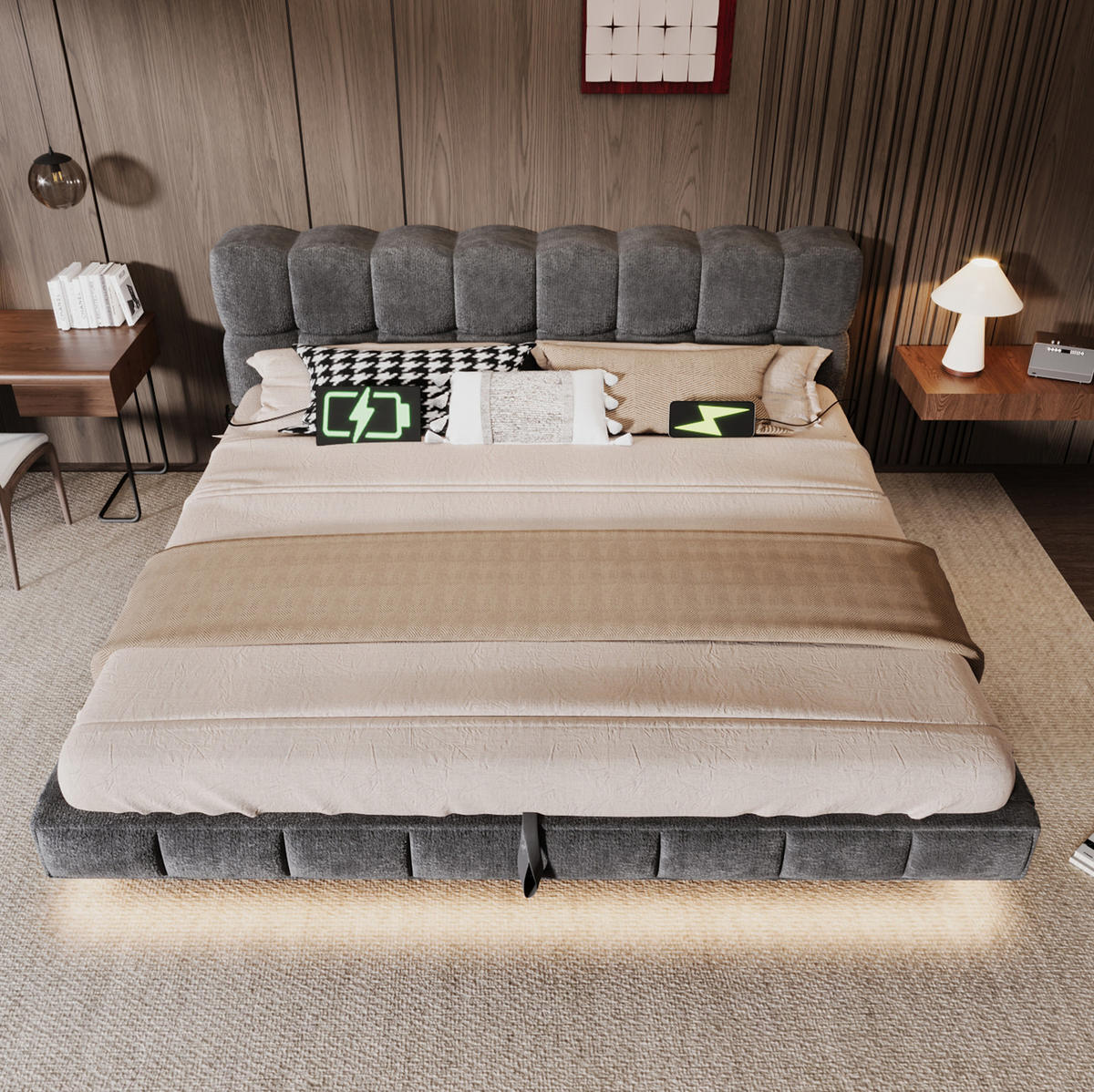 POLSTERBETT aus Chenille 160x200 cm Grau mit Bettkasten, LED-Beleuchtung und USB-/Typ-C-Anschlüssen - Grau, Textil (160/200cm) - Modfu