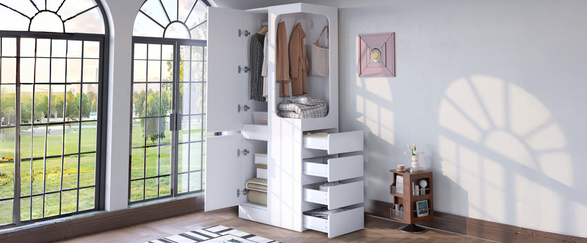 KLEIDERSCHRANK 70/170/40 cm Weiß aus Holz mit Schubladen - Weiß, Holzwerkstoff (40/170/70cm) - OKMYHOME