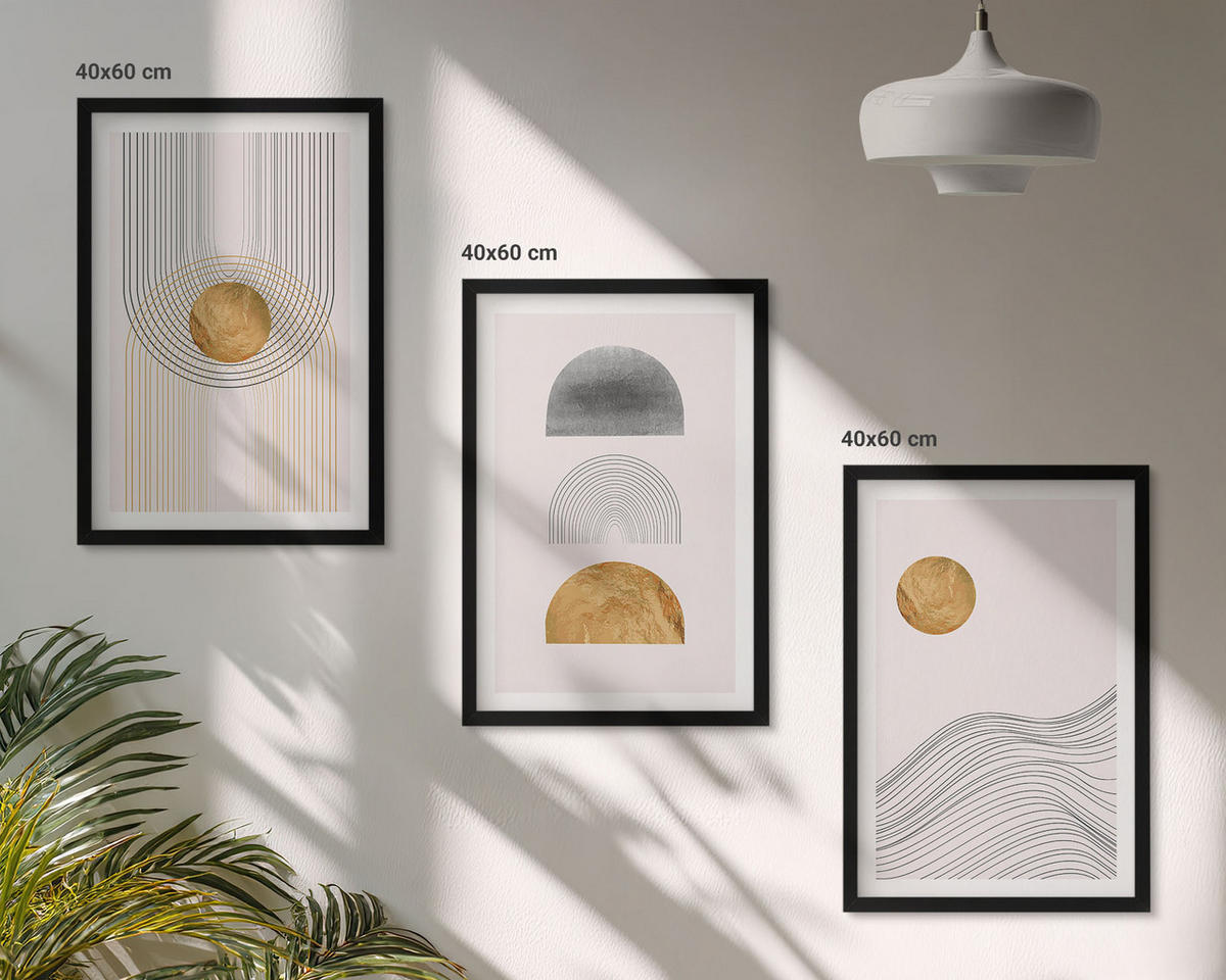 BILDER SET 3er Set - 40x60 cm Schwarzer Rahmen - Abstrakte Formen in Beige und Grau - Schwarz, Kunststoff (40/60cm) - TULUP