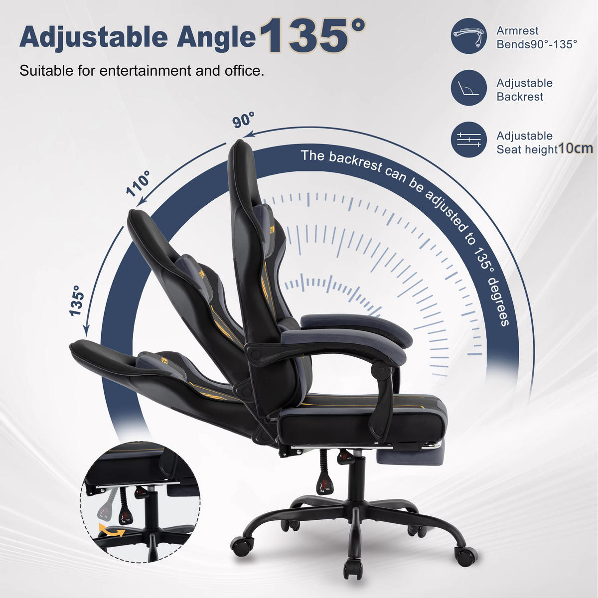 GAMINGSTUHL Racing mit Fußstütze Ergonomisch 130 kg Grau - Grau, Metall (52/133/45cm) - Kaket