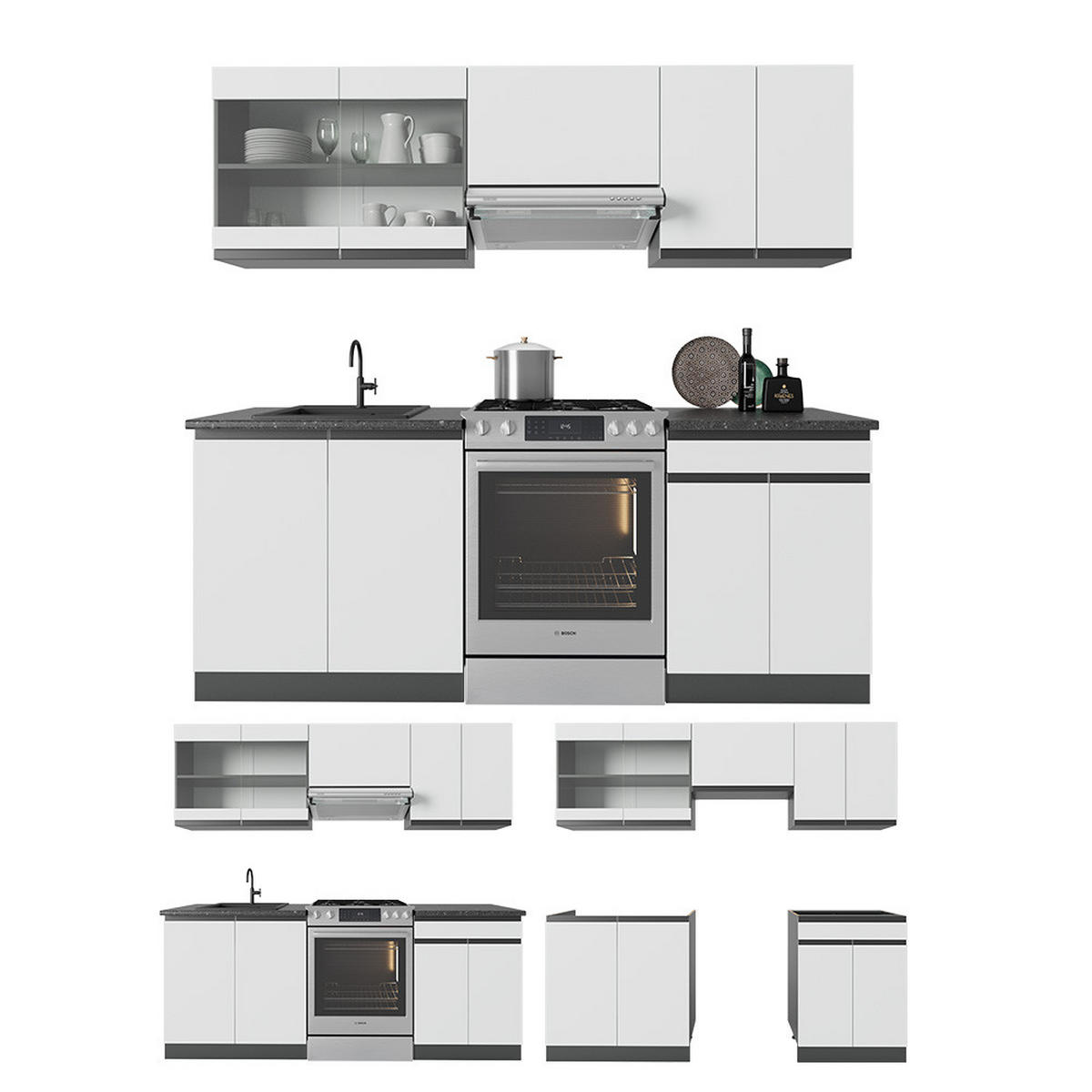 KÜCHENZEILE R-Line Weiß/Anthrazit 200 cm, AP Eiche - Anthrazit/Weiß, Holzwerkstoff (200/81.6/60cm) - Vicco
