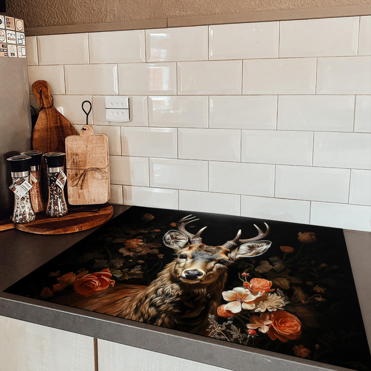 HERDABDECKPLATTE Hirsch - Tier - Blumen - Natur - Botanisch 77x59 cm - Kupferfarben, Kunststoff (77/59/0.2cm) - MuchoWow