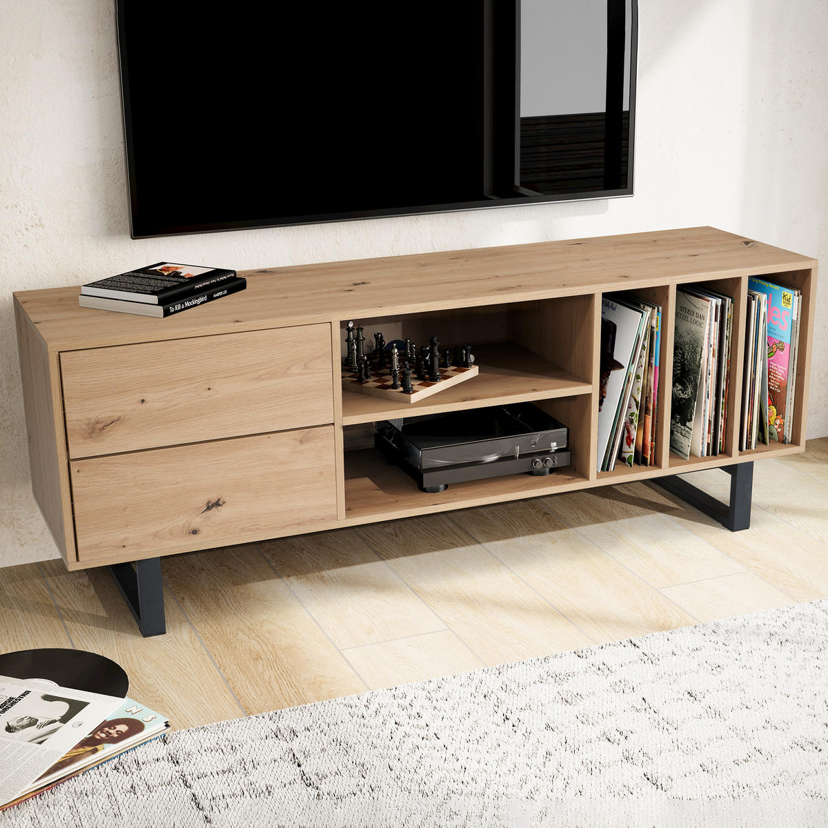 TV-LOWBOARD mit Eiche-Dekor, Schubladen und offenes Regal, modern, Braun 150x40x55 cm - Schwarz/Braun, Holzwerkstoff/Metall (150/55/40cm) - KADIMA DESIGN