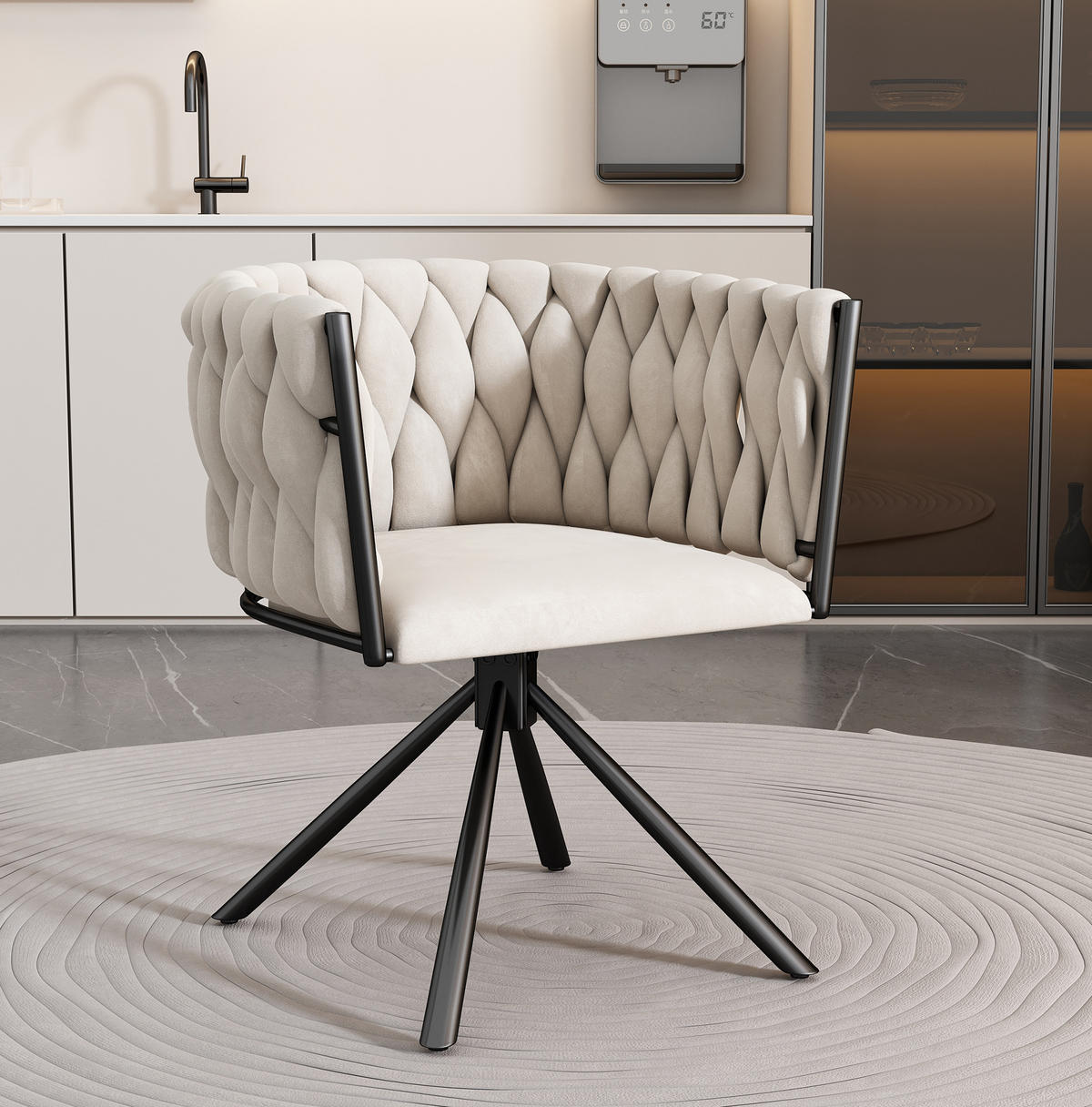 ESSSTUHL 51x61x71 cm in Beige, Samt, 360° drehbar, Vierfuß-Stahlgestell, modern minimalistisch - Beige, Textil (61/71/51cm) - Modfu