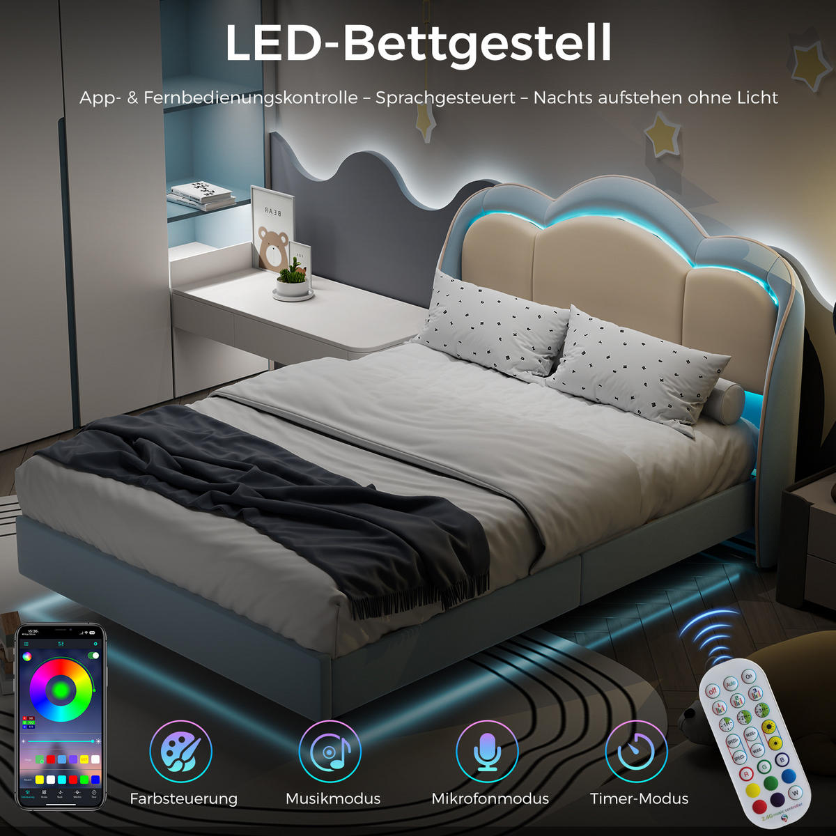 KINDERBETT 140×200 cm, LED-Musiklampe, schwebendes Design, Kopfteil in Wolkenform, bett Blau - Blau, Metall (140/215cm) - HOMAVO