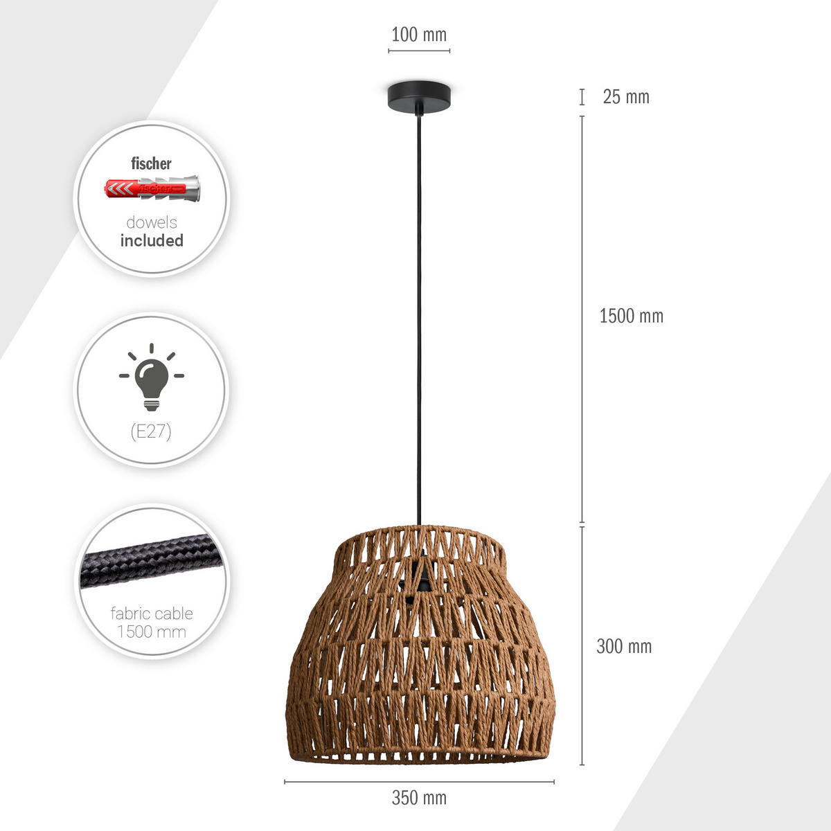 PENDELLEUCHTE Hugo Pd1 Ron - Naturfarben, Metall (35/35/30.4cm) - Paco Home