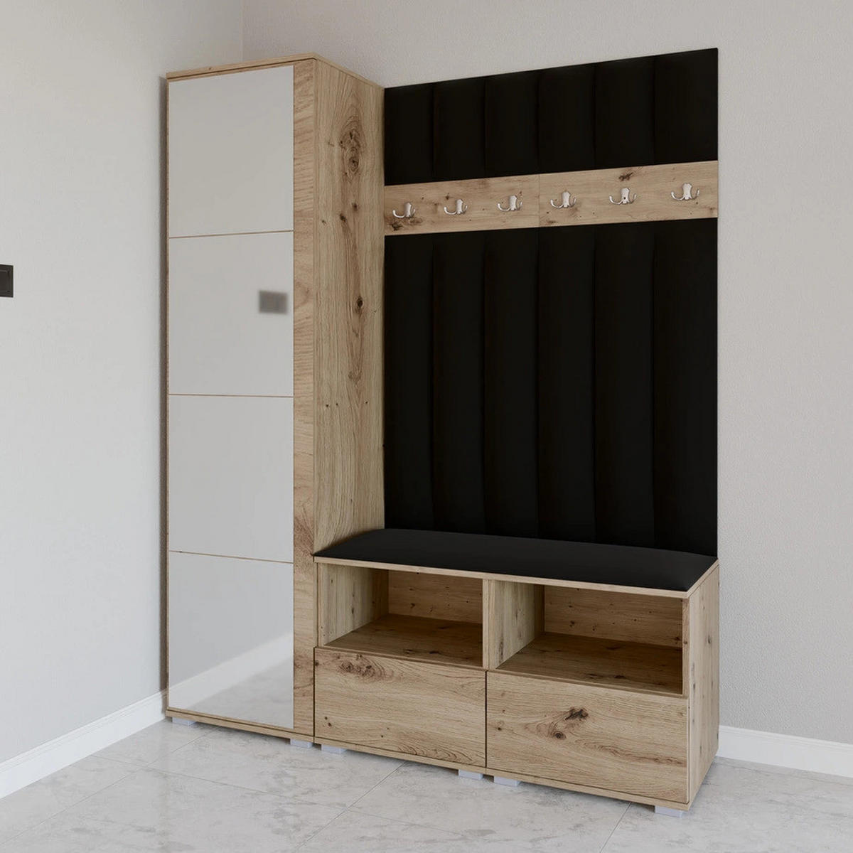 GEPOLSTERT Garderoben-Set Nela II LUX (Spiegel – Farbe Eiche Artisan + Stoff Trinity 16) - Silberfarben/Schwarz, Holz/Holzwerkstoff (150/187/40cm) - Ravio