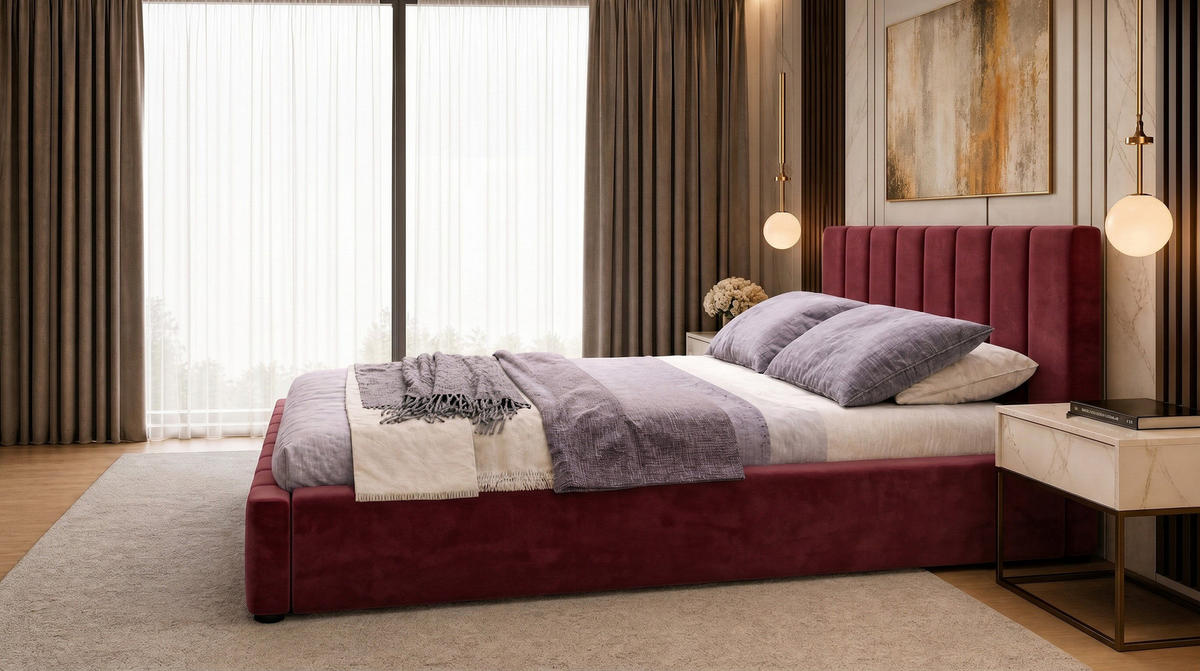 MARPUR Polsterbett NERO 180x200 cm mit Bettkasten und Lattenrost, Bordeaux - Chromfarben/Bordeaux, Holz/Holzwerkstoff (180/200cm) - Marpur