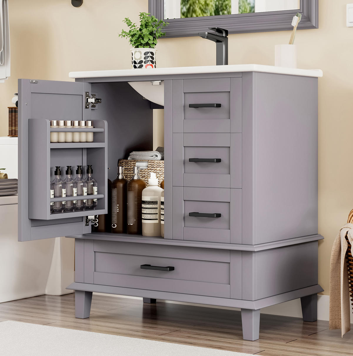 WASCHTISCHKOMBI 76/46/83,5 cm Grau aus Keramik und MDF mit integriertem Keramikwaschbecken - Grau, Holzwerkstoff (76/83.5/46cm) - OKMYHOME