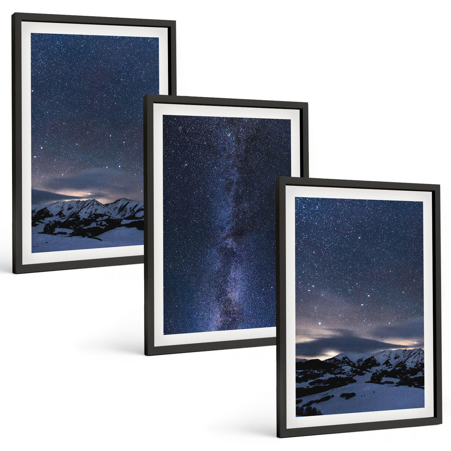 BILDER SET 3er Set - 40x60 cm Schwarzer Rahmen - Nachthimmel, Berge, Sterne - Schwarz, Kunststoff (40/60cm) - TULUP