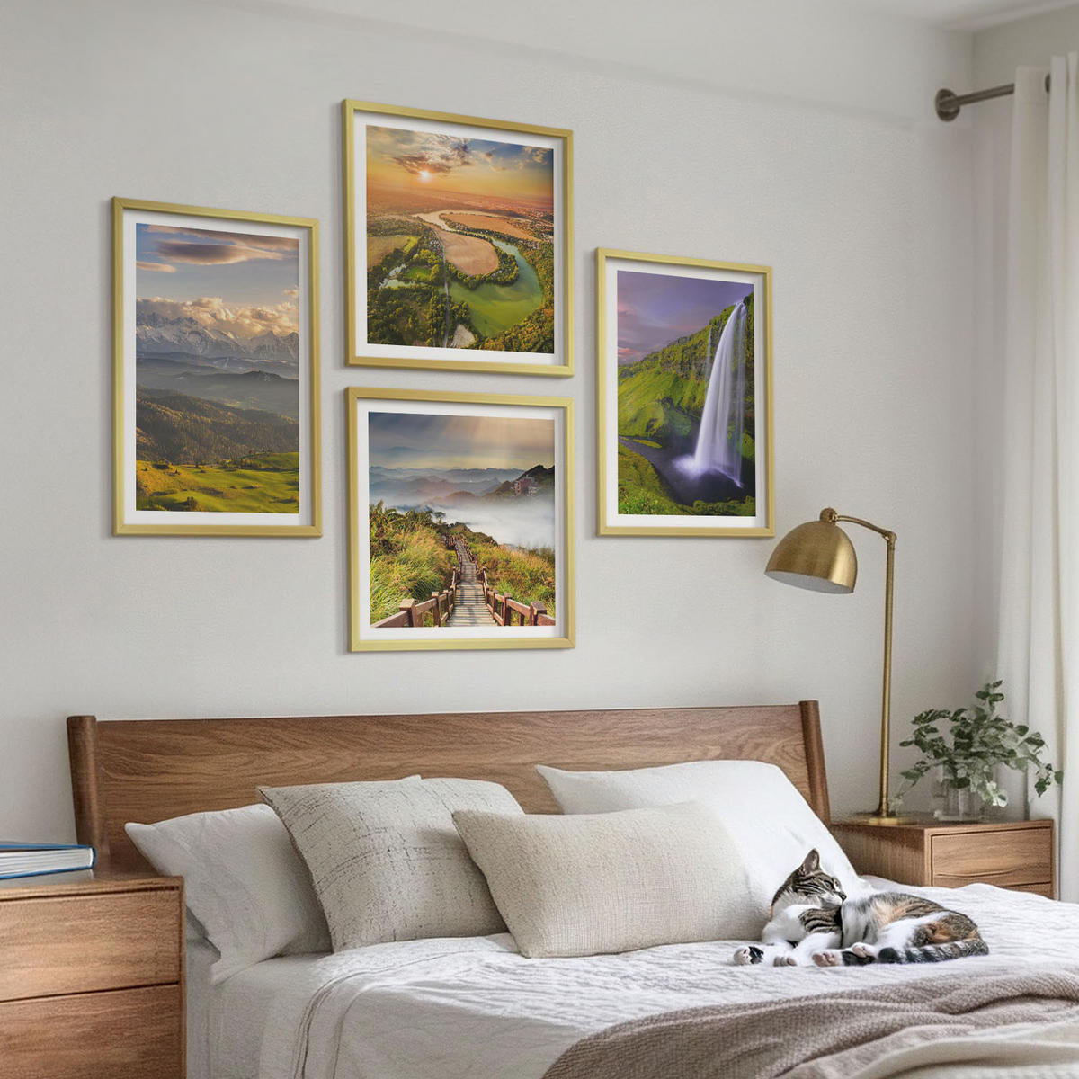 WANDBILDER 4er Set - 50x50 cm & 40x60 cm Goldrahmen - Ausblicke auf Berge, Flüsse und Wasserfälle - Goldfarben, Kunststoff (50/50cm) - ArtPrintCave
