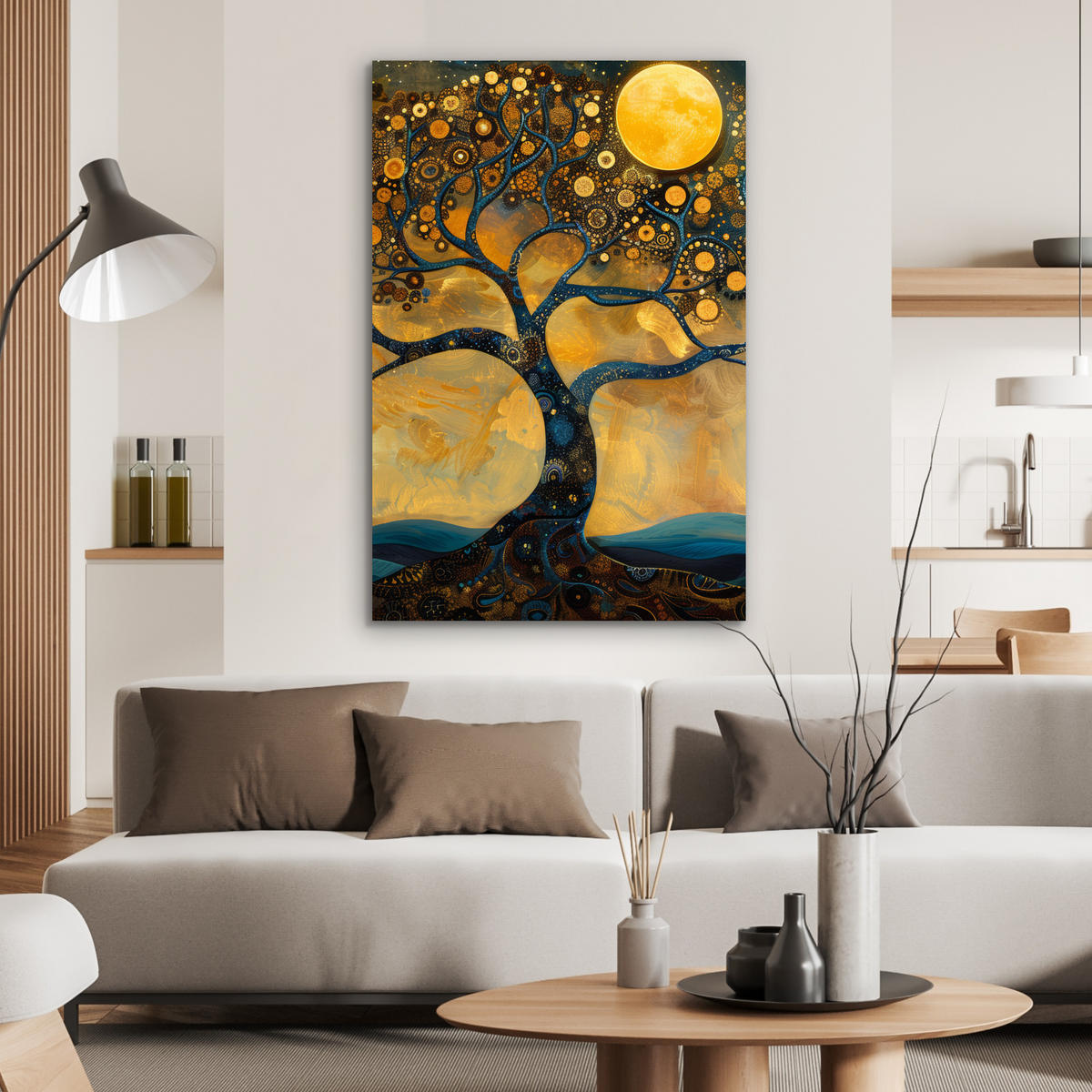 METALLBILD Baum - Mond - Blumen - Gold - Kunst 60x90 cm - Orange, Metall (60/90cm) - MuchoWow