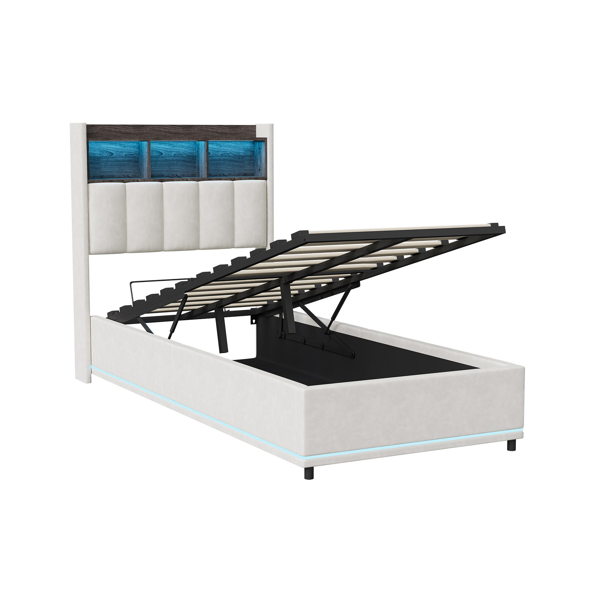 POLSTERBETT 90/200 cm Weiß mit hydraulischem Stauraum, LED-Kopfteil mit Ablage und USB-Anschluss - Weiß, Metall (90/200cm) - EuroLiving