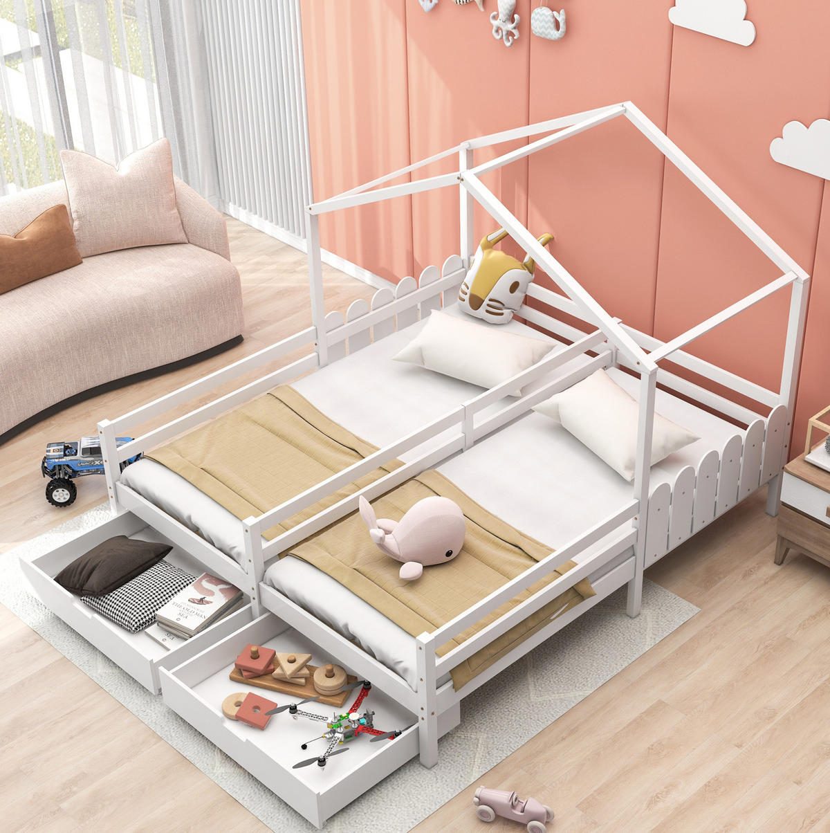 HAUSBETT 2 x 90/200 cm in Weiß mit 2 Schubladen und Schutzgitter - Weiß, Holz (90/200cm) - Flora Grace