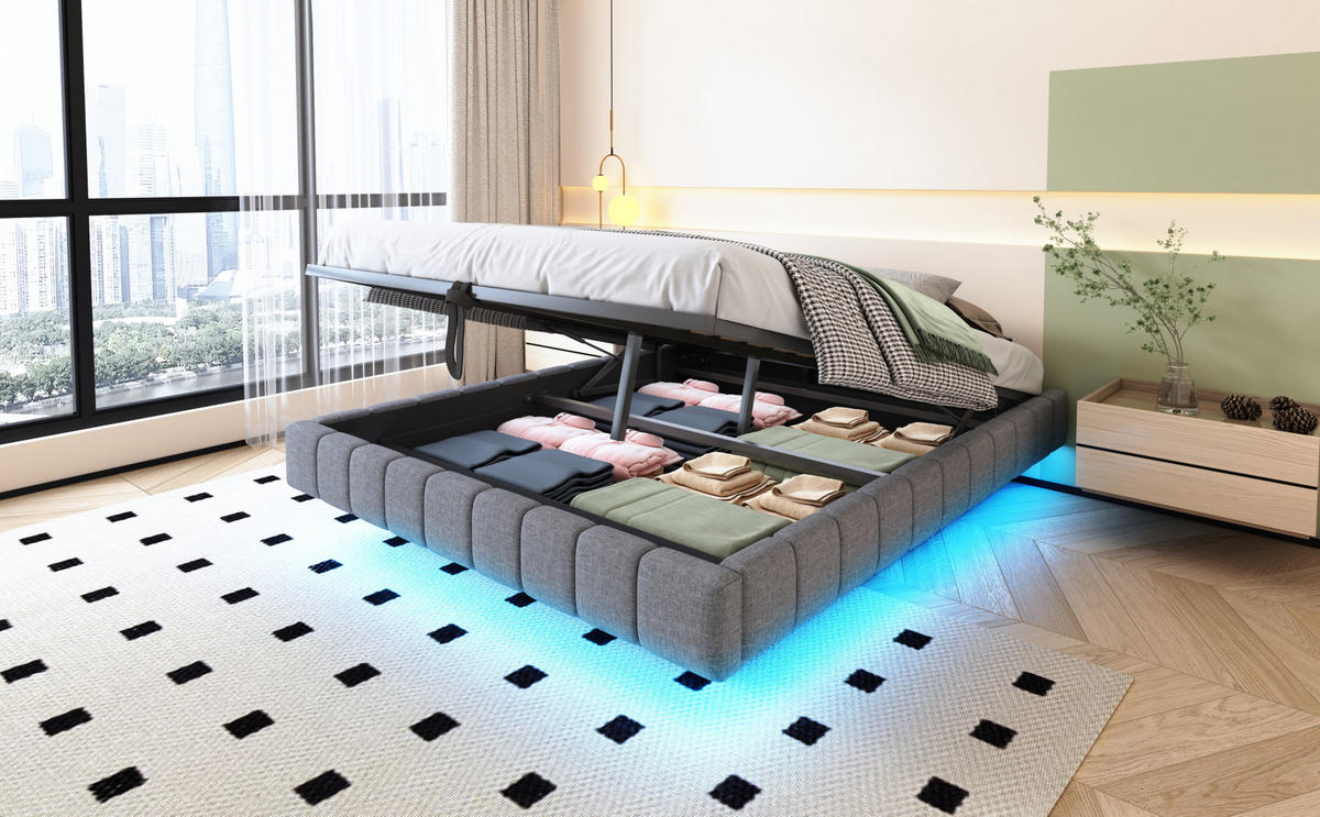 POLSTERBETT 160/200 cm Grau aus Stoff mit LED-Lichtleiste - Grau, Textil (160/200cm) - OKMYHOME
