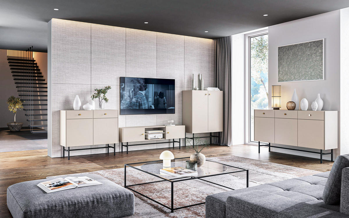 HIGHBOARD Dinley 2T Beige 93,2/131,7/39 cm – mit schwarzen Beinen im minimalistischen Design - Beige/Schwarz, Holzwerkstoff/Metall (93.2/131.7/39cm) - AX Living