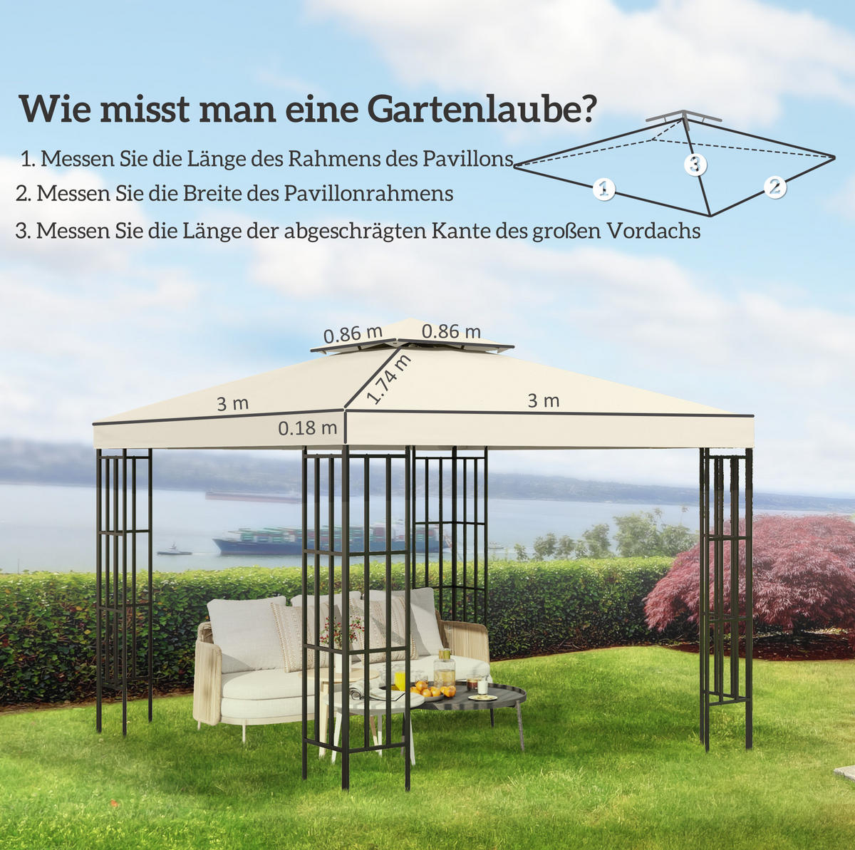 ERSATZDACH für Gartenpavillon 300/300 cm mit Doppeldach, wasserabweisend und UV-Schutz, Cremeweiß - Weiß, Textil (300/18/300cm) - Redom