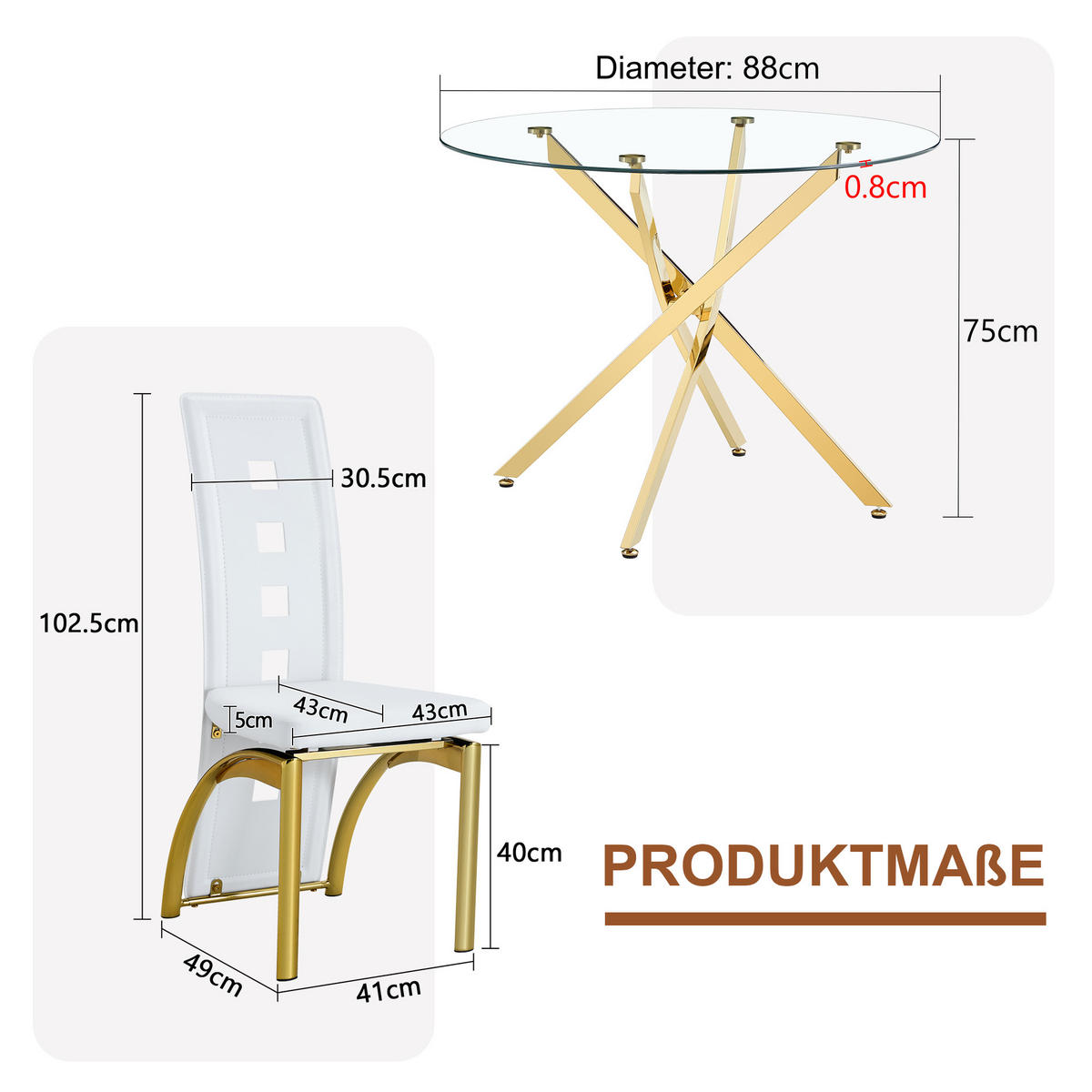 ESSGRUPPE DE-39452 3-teilig, Glastisch und 2 Stühlen mit Lochmuster Weiß/Gold - Goldfarben/Weiß, Metall (88/75/88cm) - ComfortXL
