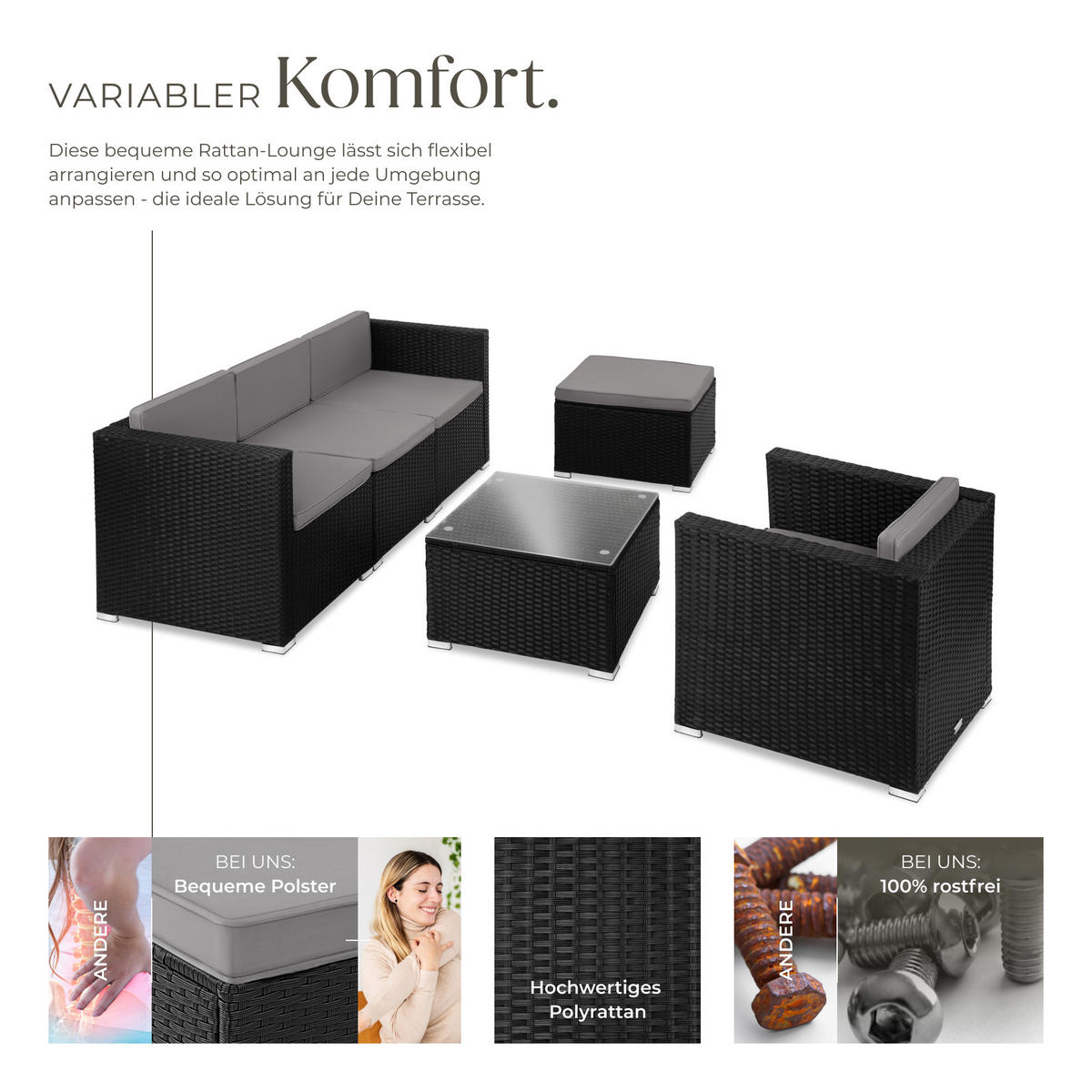 RATTANLOUNGE Lignano,variabel aufstellbar,schwarz - Schwarz, Kunststoff - tectake