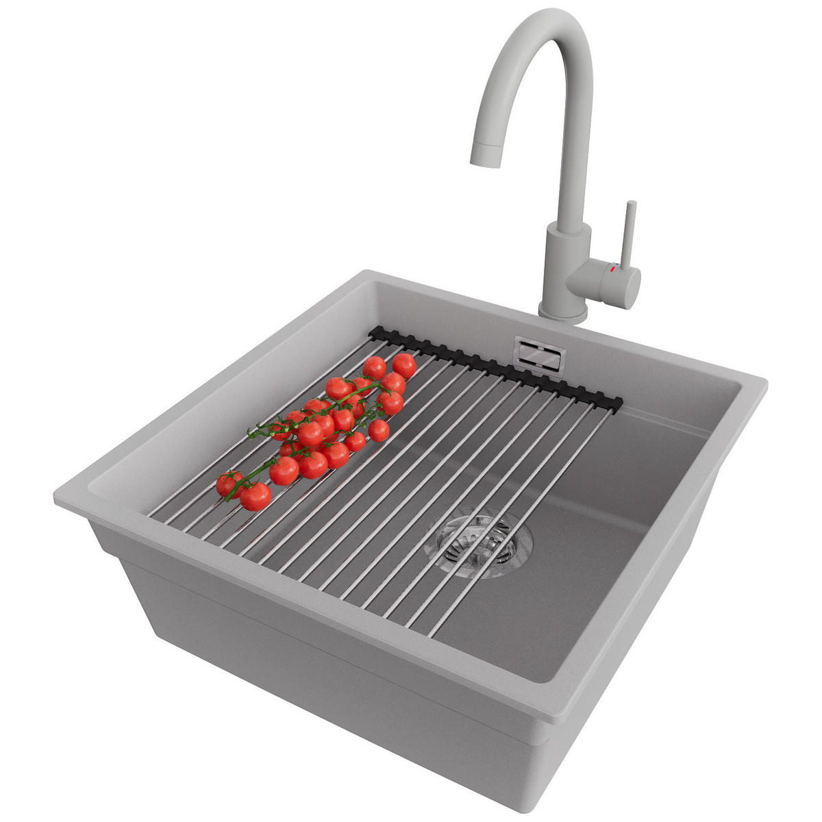 UNTERBAUSPÜLE GRANIT Praga, 2-er set Grau 46/47 cm 1 Becken + Küchenarmatur 32/20 cm + Ablauf-Set + Aufrollbare Abtropffläche ab 50er Unterschrank - Chromfarben/Grau, Kunststoff (46/20/47cm) - Primagran