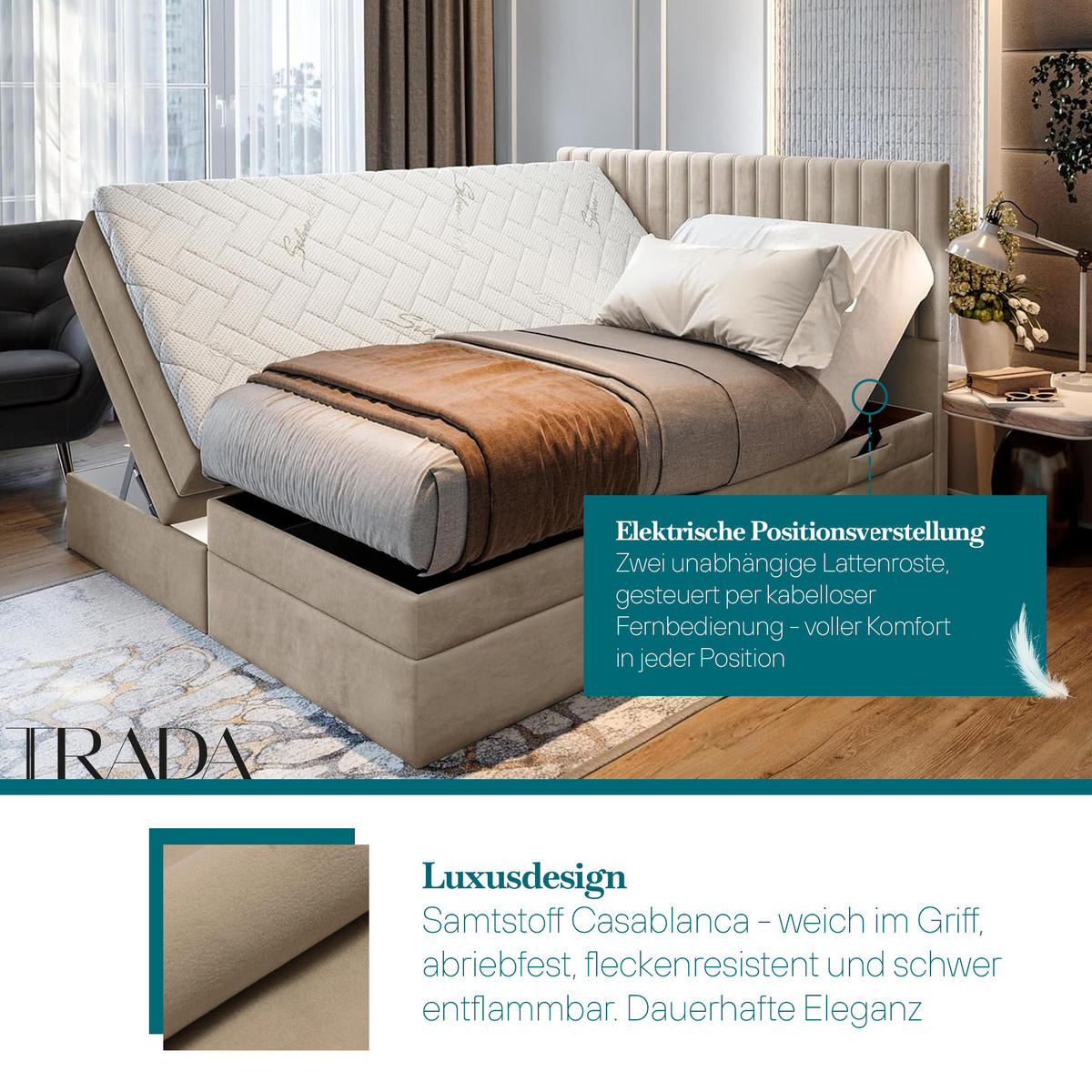 BOXSPRINGBETT ADÈLE 140x200 cm - elektrische Bett mit Matratze + Tooper und Bettkasten - Schwarz - 140x200 cm - Schwarz, Textil (140/200cm) - Trada